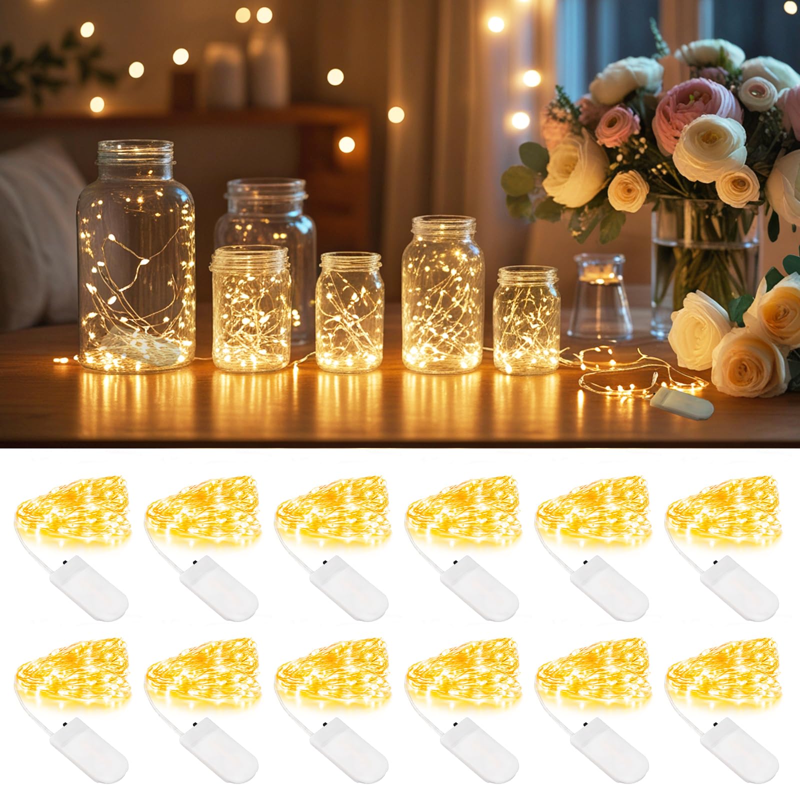 inpmrl 12 Pack LED Fairy Lights, 7ft 20 LED Battery Operated Silver Wire String Lights, Warm White Mini Starry Lights for DIY Cr