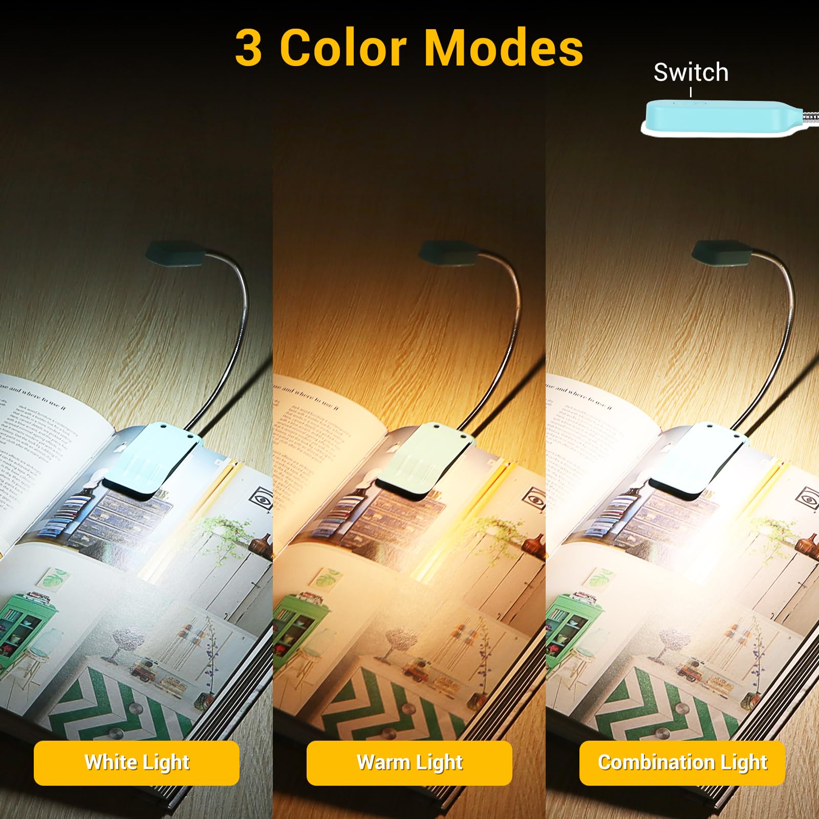 Best World LED Book Light 2 Pack, Rechargeable, 3 Colors, Stepless Dimming, Flexible Clip-on, Cyan, Model WLM310-BLA-1W-05