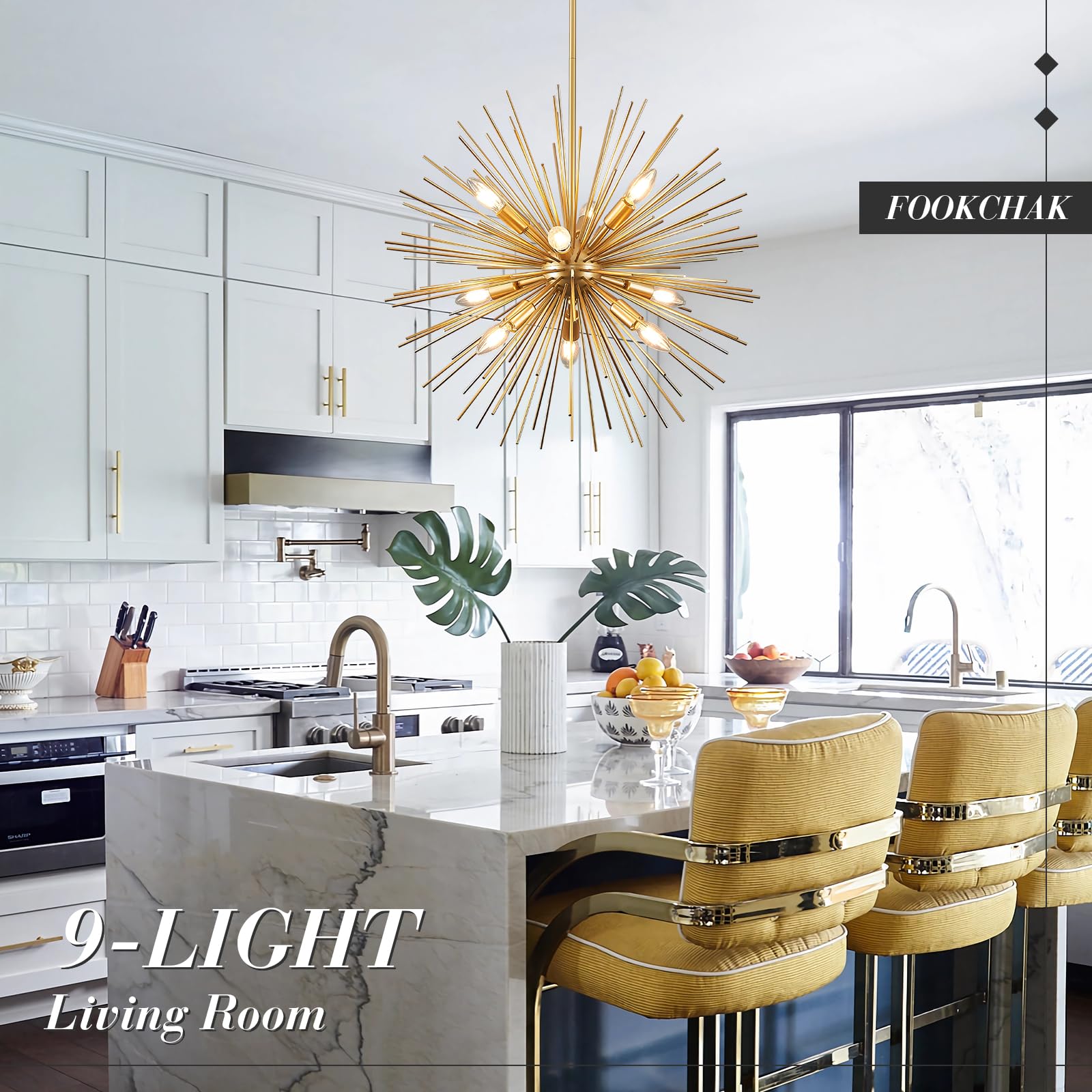 Fookchak 24In Gold Sputnik Chandelier 9-Light Starburst Chandelier Light Fixture Solid Metal Mid-Century Modern Satellite Light