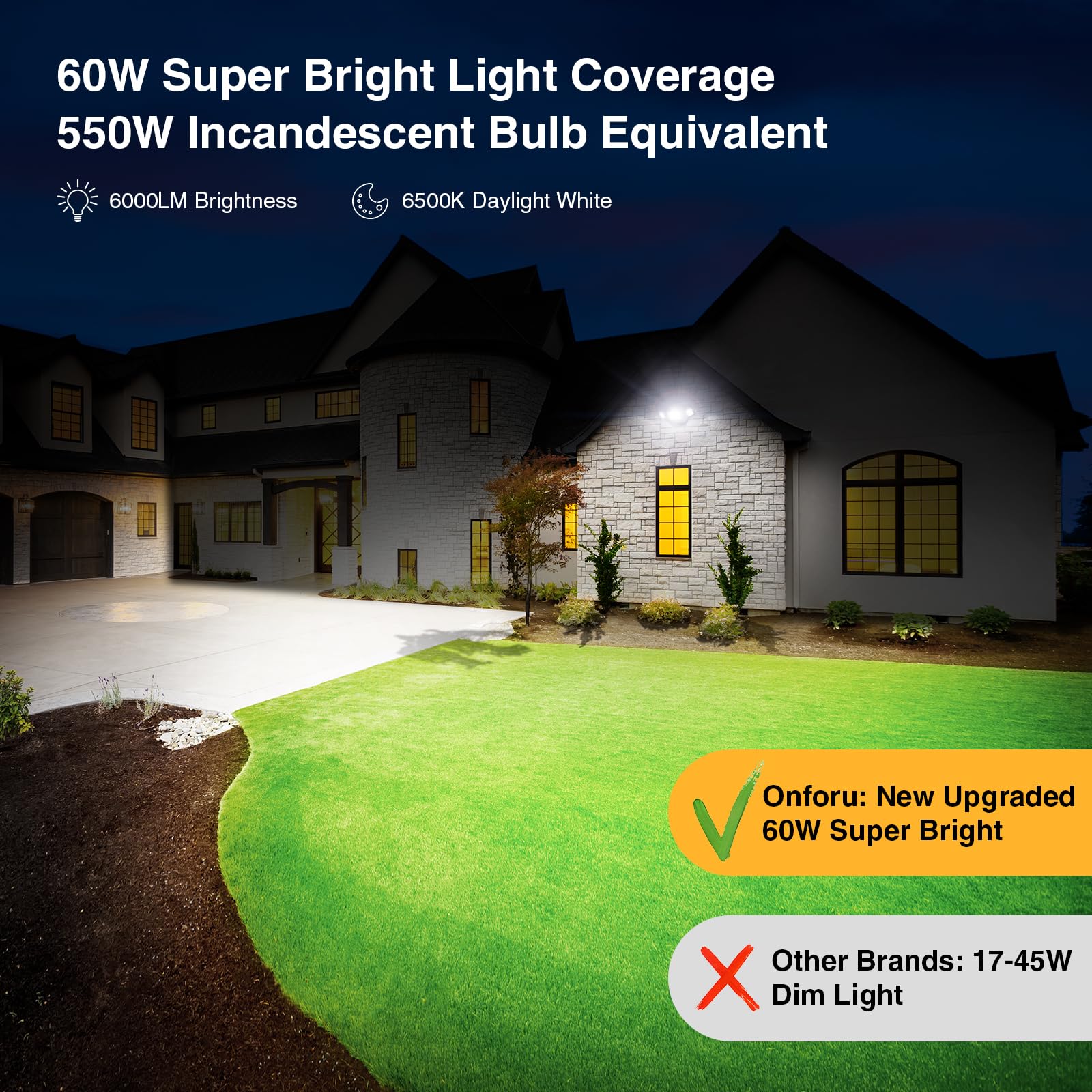 Onforu 55W LED Flood Lights, 6000LM, IP65 Waterproof, 3 Adjustable Heads, 6500K Daylight White, Model BDB55D-3,