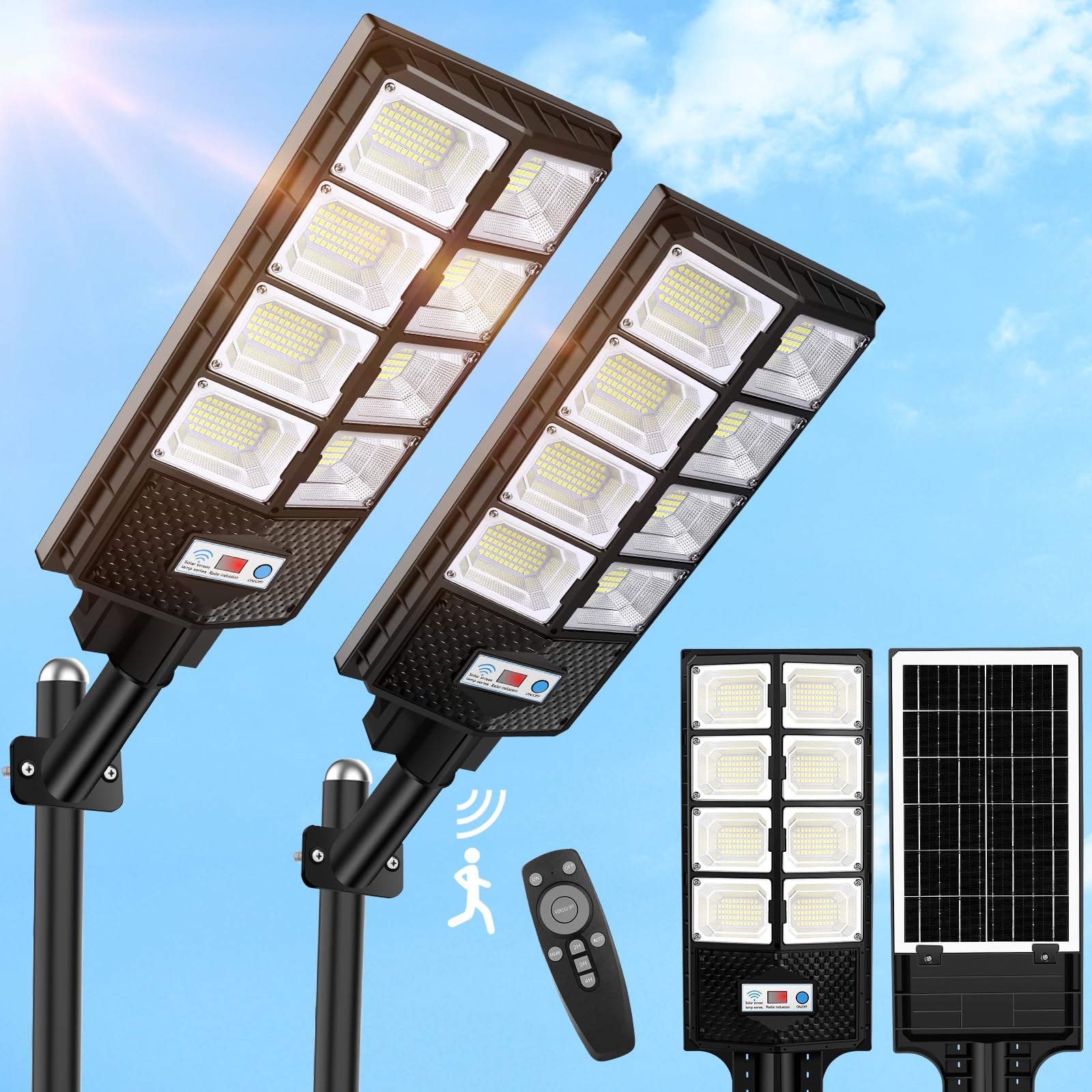 VUAA 2 Pack Solar Street Lights, Outdoor Waterproof, 10000LM 448 LEDs, Dusk to Dawn, Solar Flood Light with Motion Sensor and Re