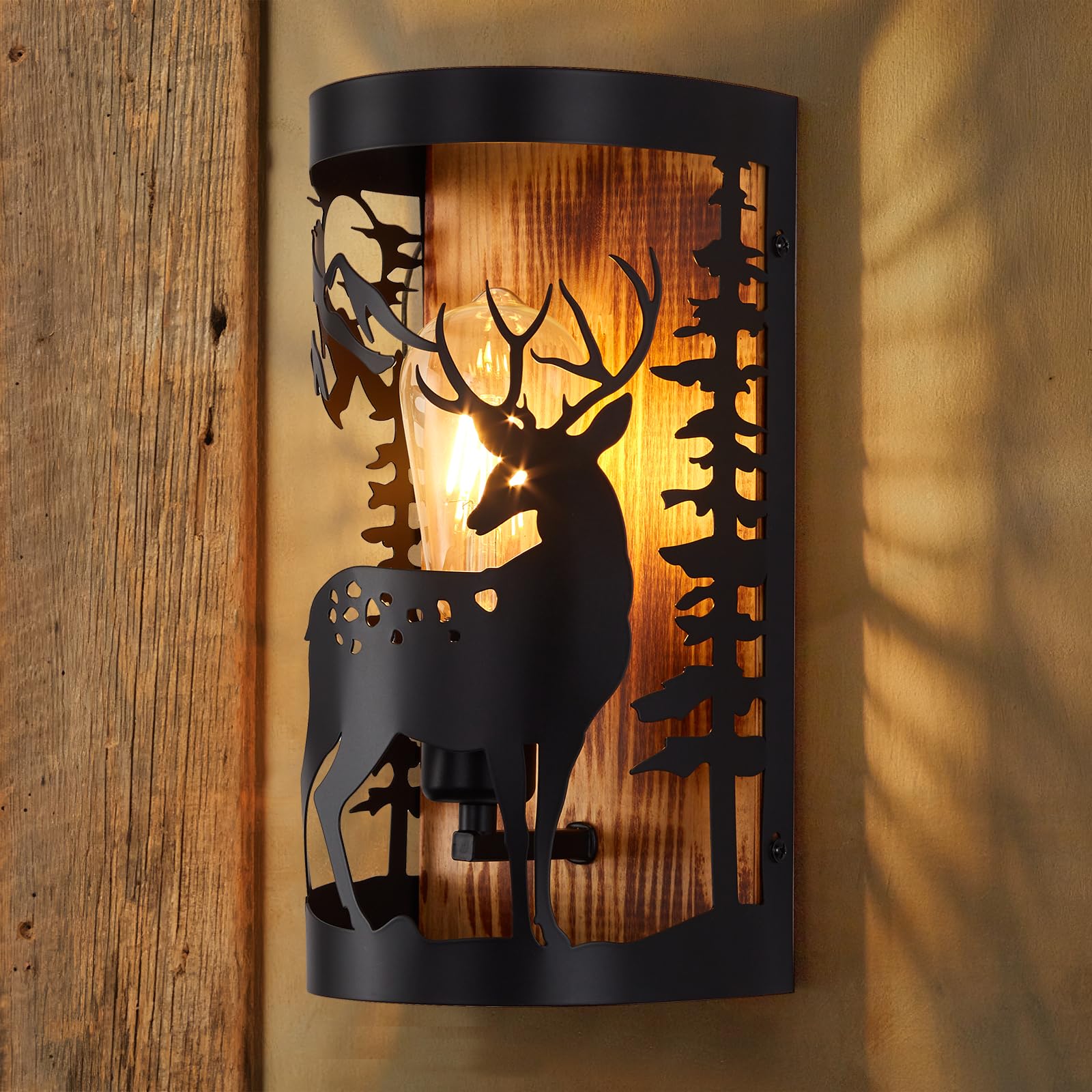 Monaxon Farmhouse Deer Sconces - Rustic Iron Wall Lighting for Bedroom, Living Room, Hallway, Garage, Porch