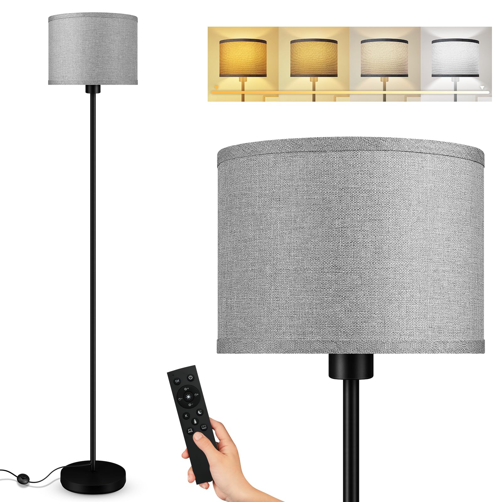 Bricosmocon Floor Lamp, Stepless Dimmable 10W/1200LM, 2700K-6500K Adjustable, Gray Linen, Model B1183