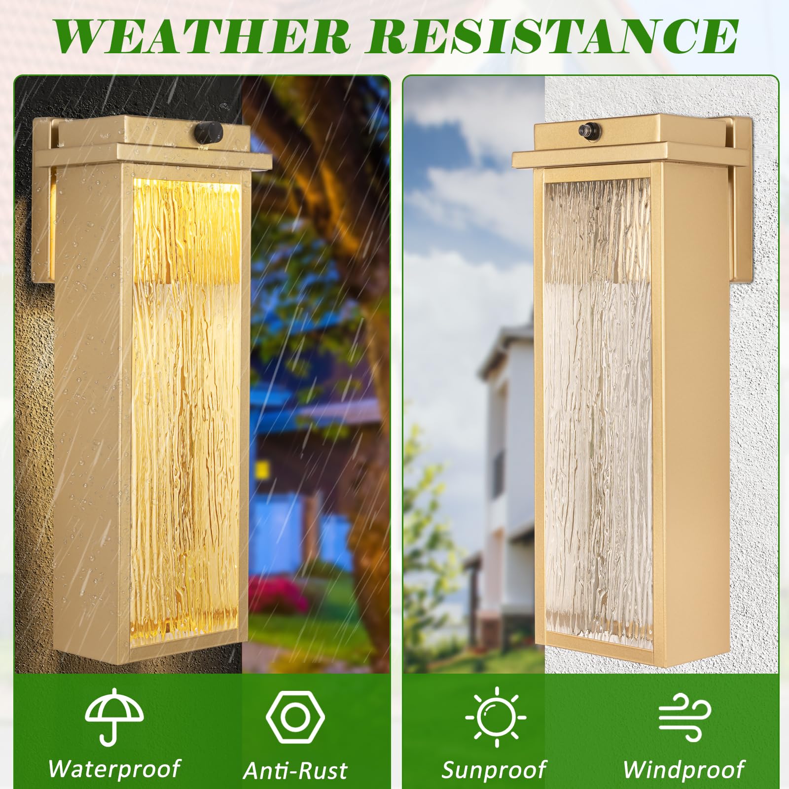 Venzblomia 16" Dusk To Dawn Led Outdoor Light 2 Packs, Gold Outside Porch Lights Wall Mount, Large Exterior Lighting Fixtures With Rippled Glass, Waterproof Modern Wall Lantern For House, Patio