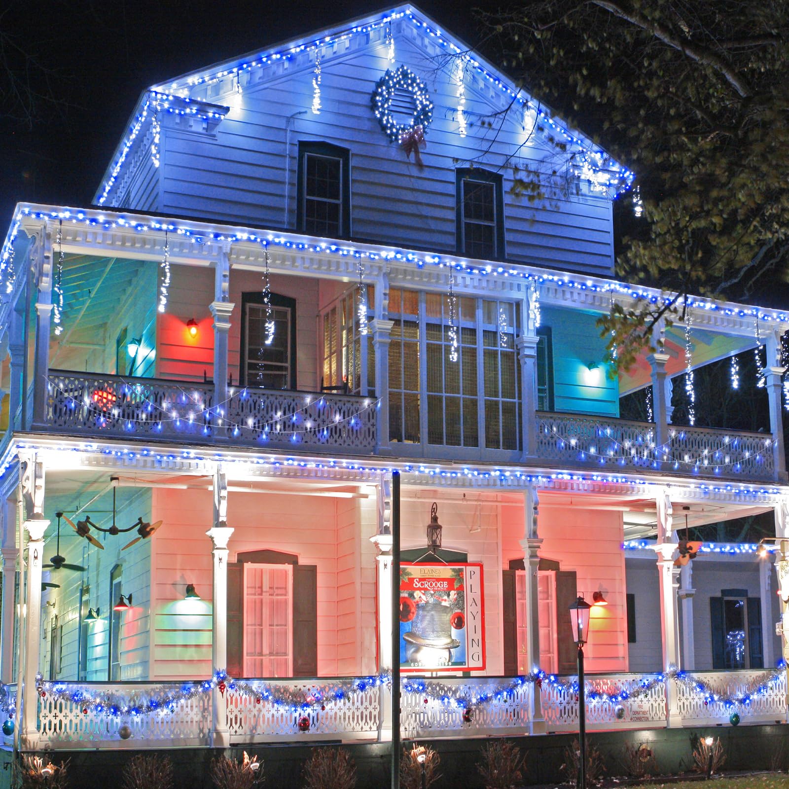 Vivideal 200 Led Christmas Lights Outdoor - 66Ft Christmas String Lights 8 Modes Plug In Waterproof Fairy Lights With Timer Memory For Indoor Outside Bedroom Home Party Decoration, Blue&White