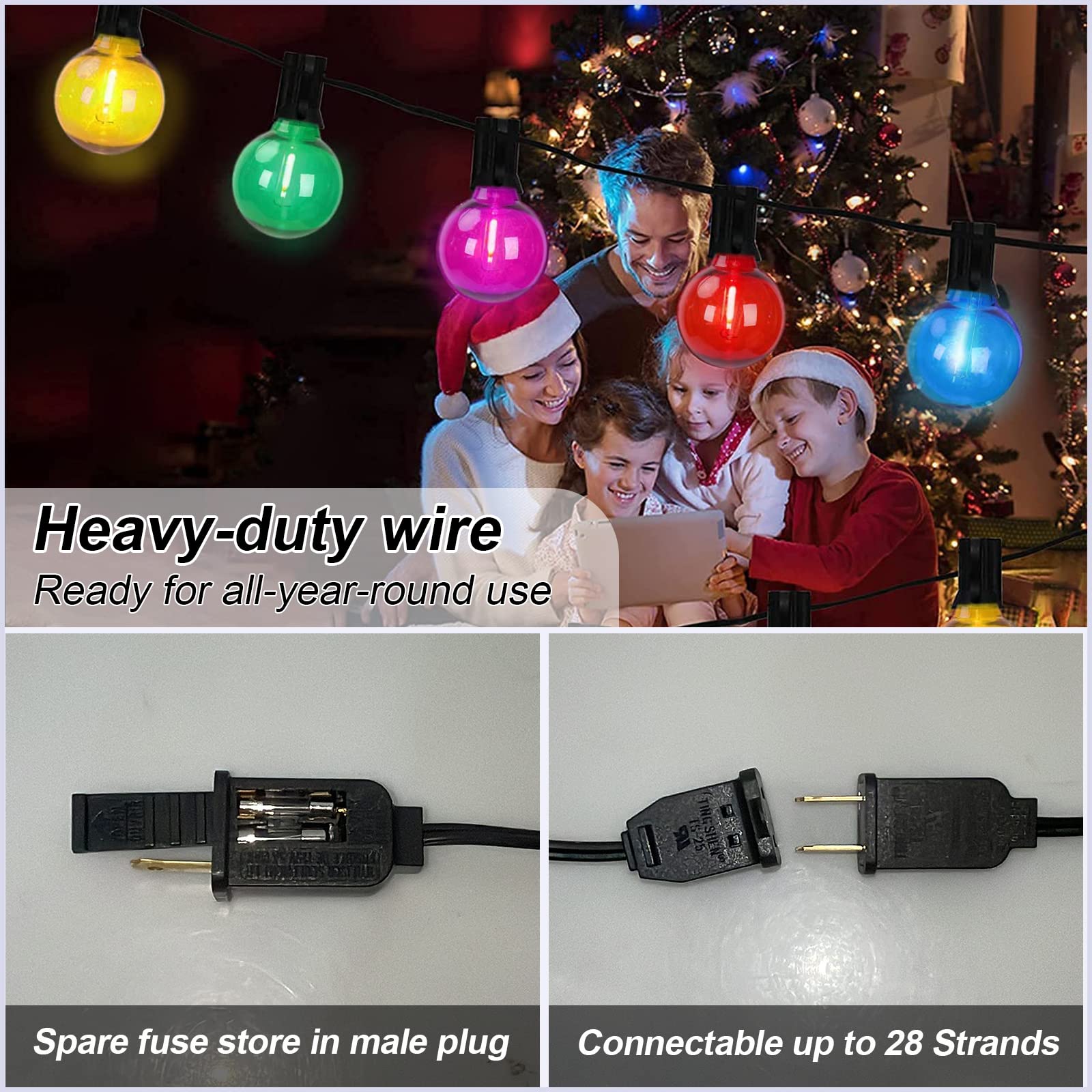 G40 Led Outdoor String Lights,25Ft Globe Multicolor Christmas Decorations String Lights With 27 Shatterproof Led Bulbs, Hanging