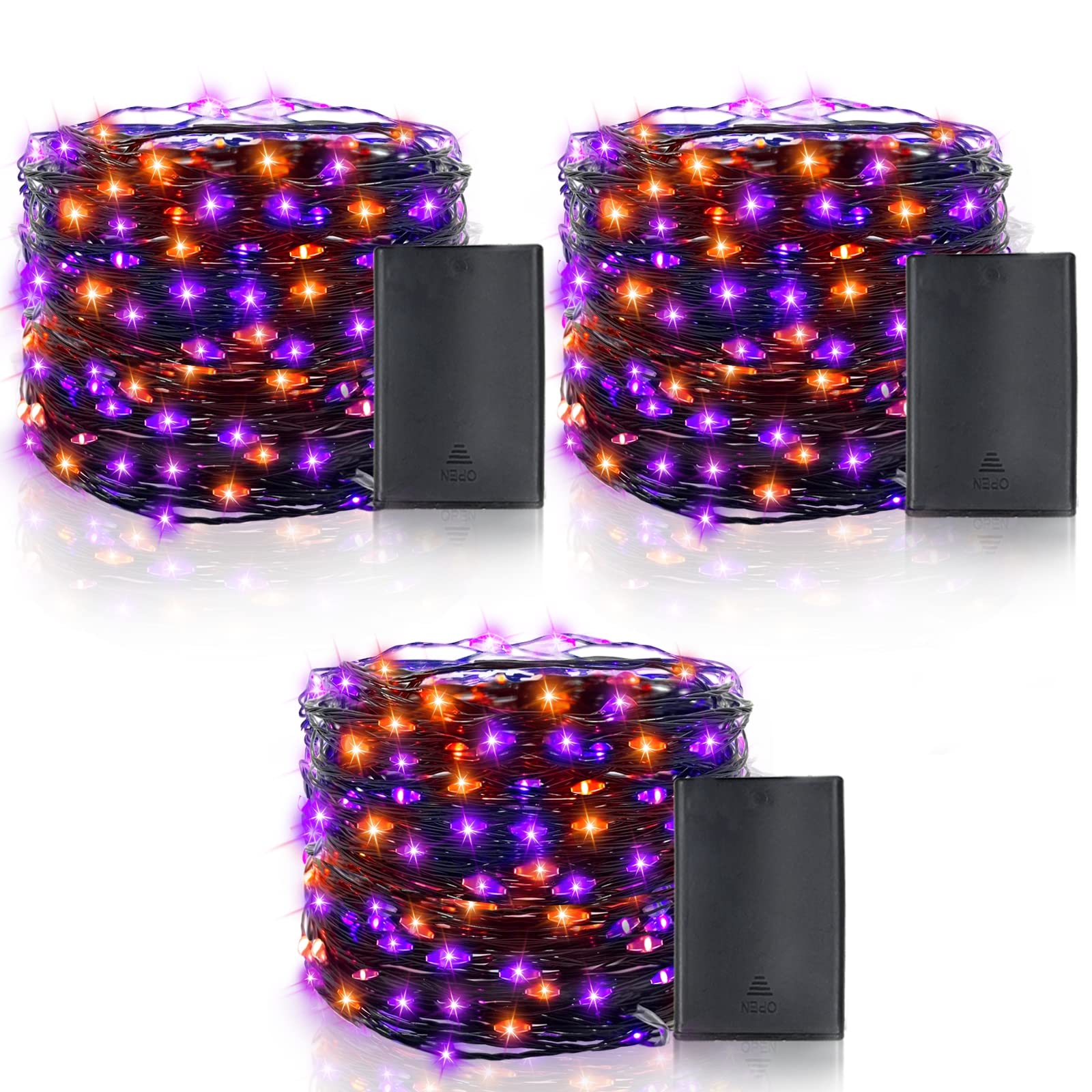 [ 3 Pack ] Halloween String Lights with Timer, Total 180LED 59Ft Copper Wire Battery Operated Halloween Decorations Indoor Outdoor Outside Yard Home Party Decor, 60LED 19.7Ft Each(Orange & Purple)