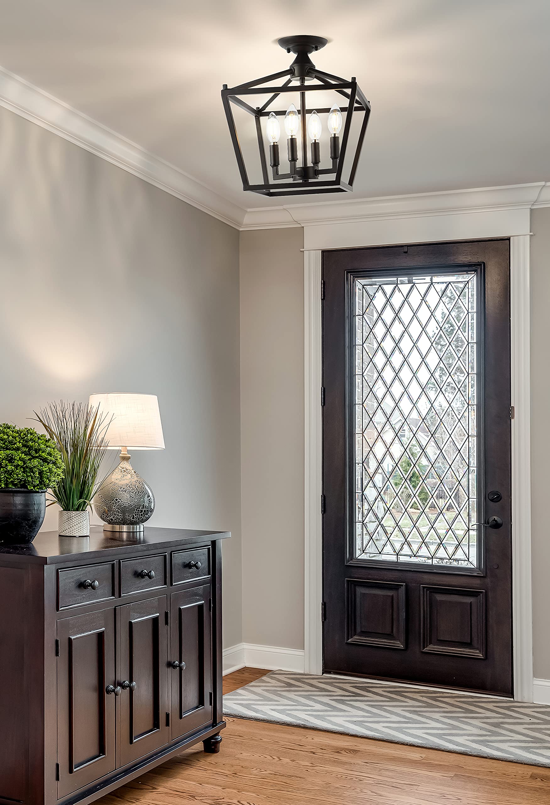 JONATHAN Y JYL7610A Mini Lantern 4-Light Iron Flush Mount 12in Oil Rubbed Bronze Dimmable LED for Kitchen, Hallway, Bathroom, Stairwell