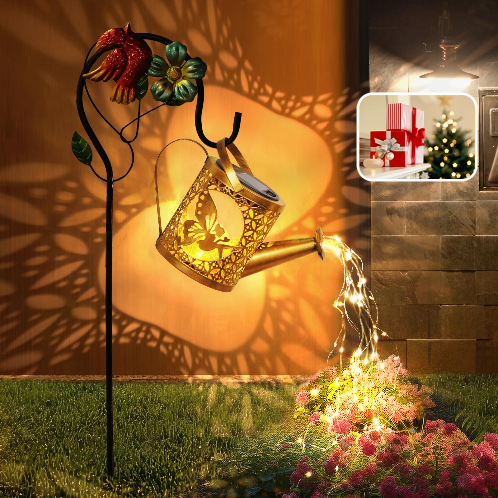 Solar Lights Outdoor Garden Decor Solar Watering Can with Crackle Glass Lights Waterproof Metal Hanging Fairy Lantern for Patio 