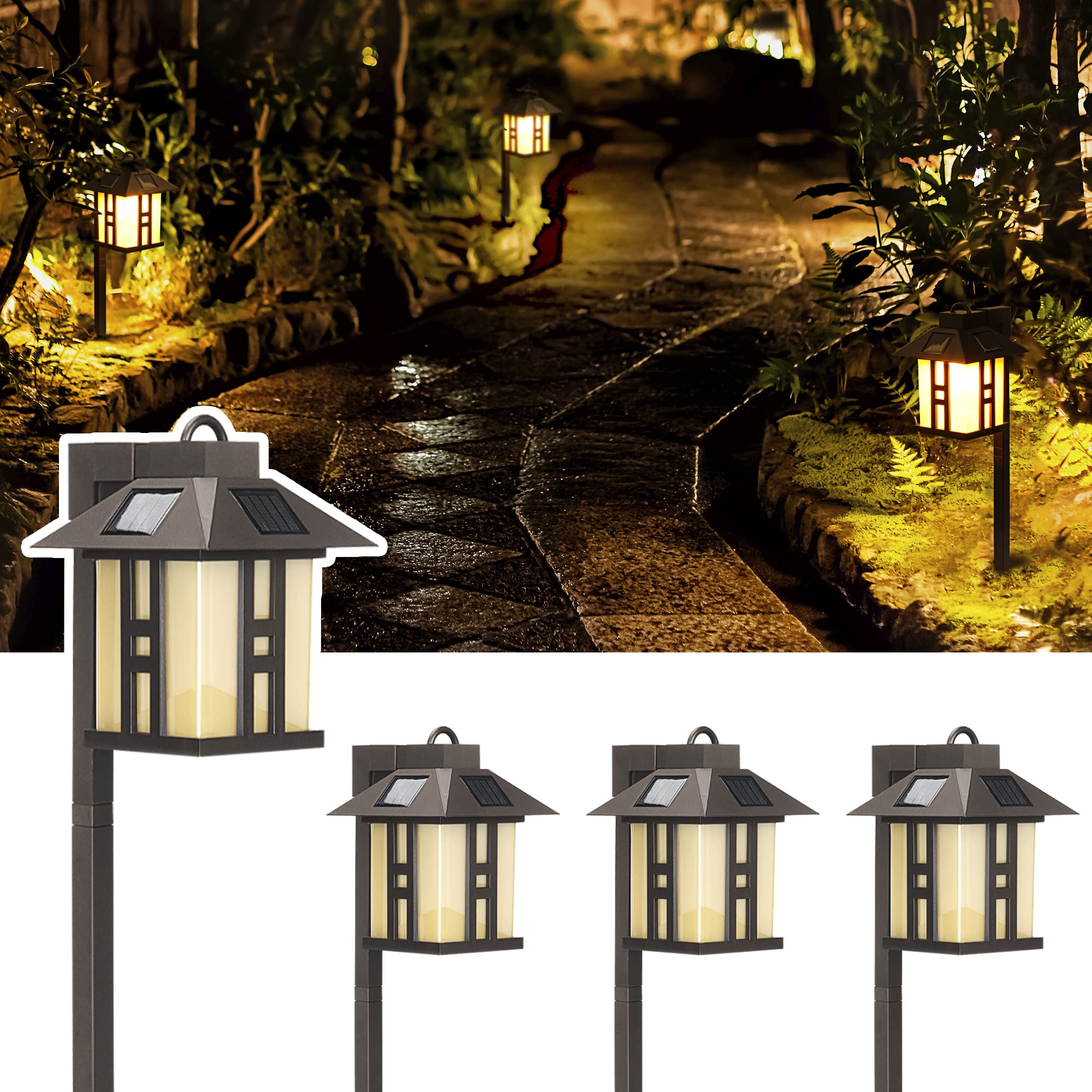 GIGALUMI Solar Pathway Lights, 4 Pack, Plastic, Model 6882, Japanese Decor for Lawn/Patio/Yard/Driveway