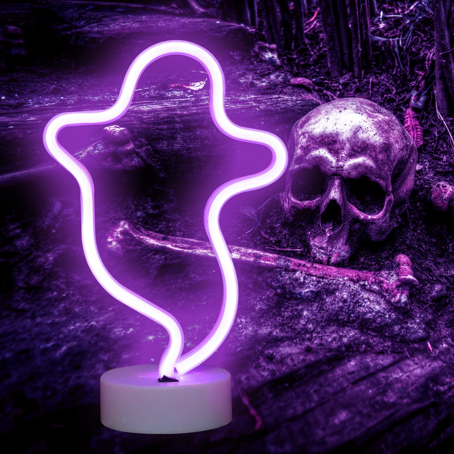 Vicila Ghost Neon Sign - LED Halloween Light, Purple Ghost Shape Decor with Holder Base