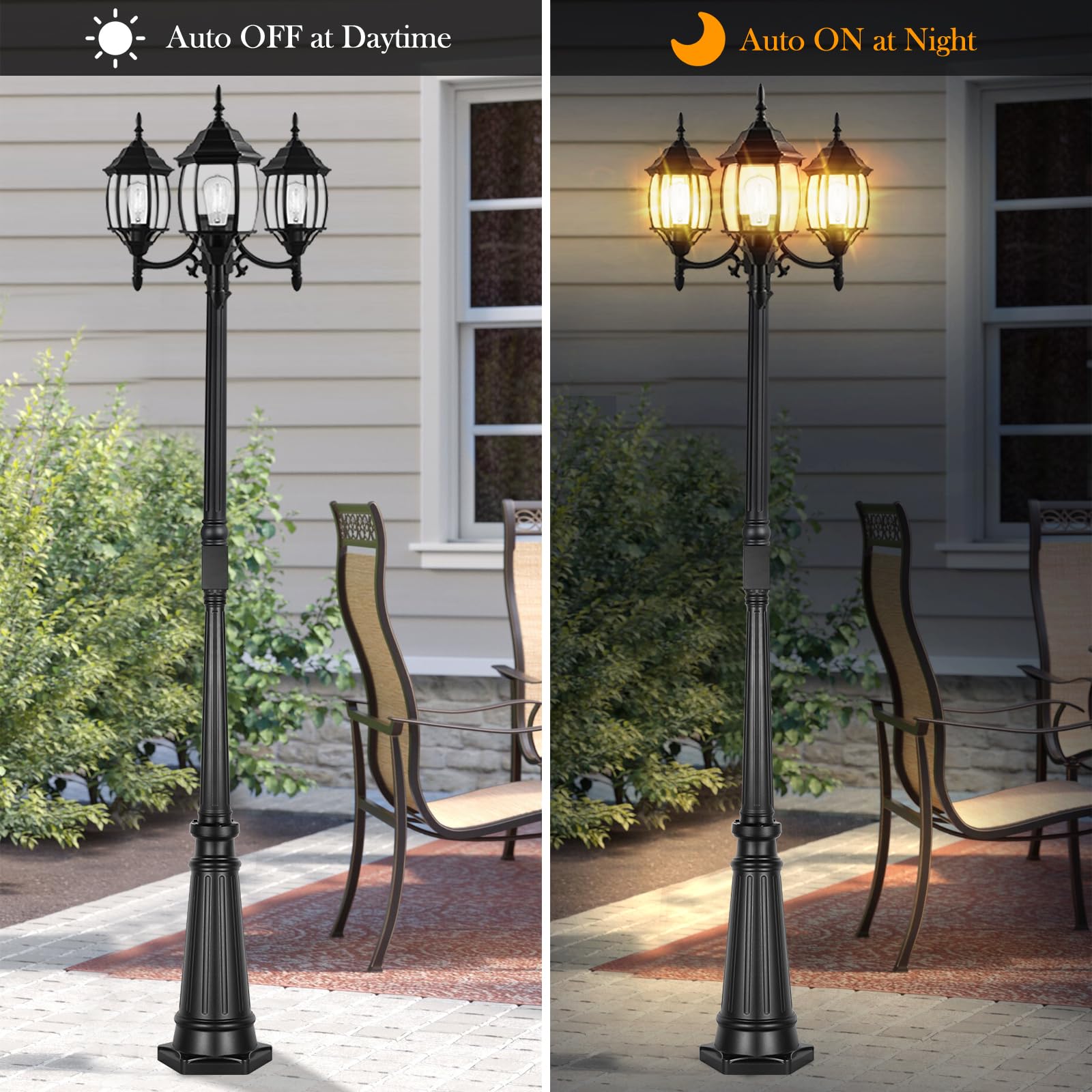 PARTPHONER Dusk to Dawn Outdoor Lamp Post Light, 3-Head, Black, Aluminum, GFCI Outlet, Glass Panels, Model PL001-GFCI-GG