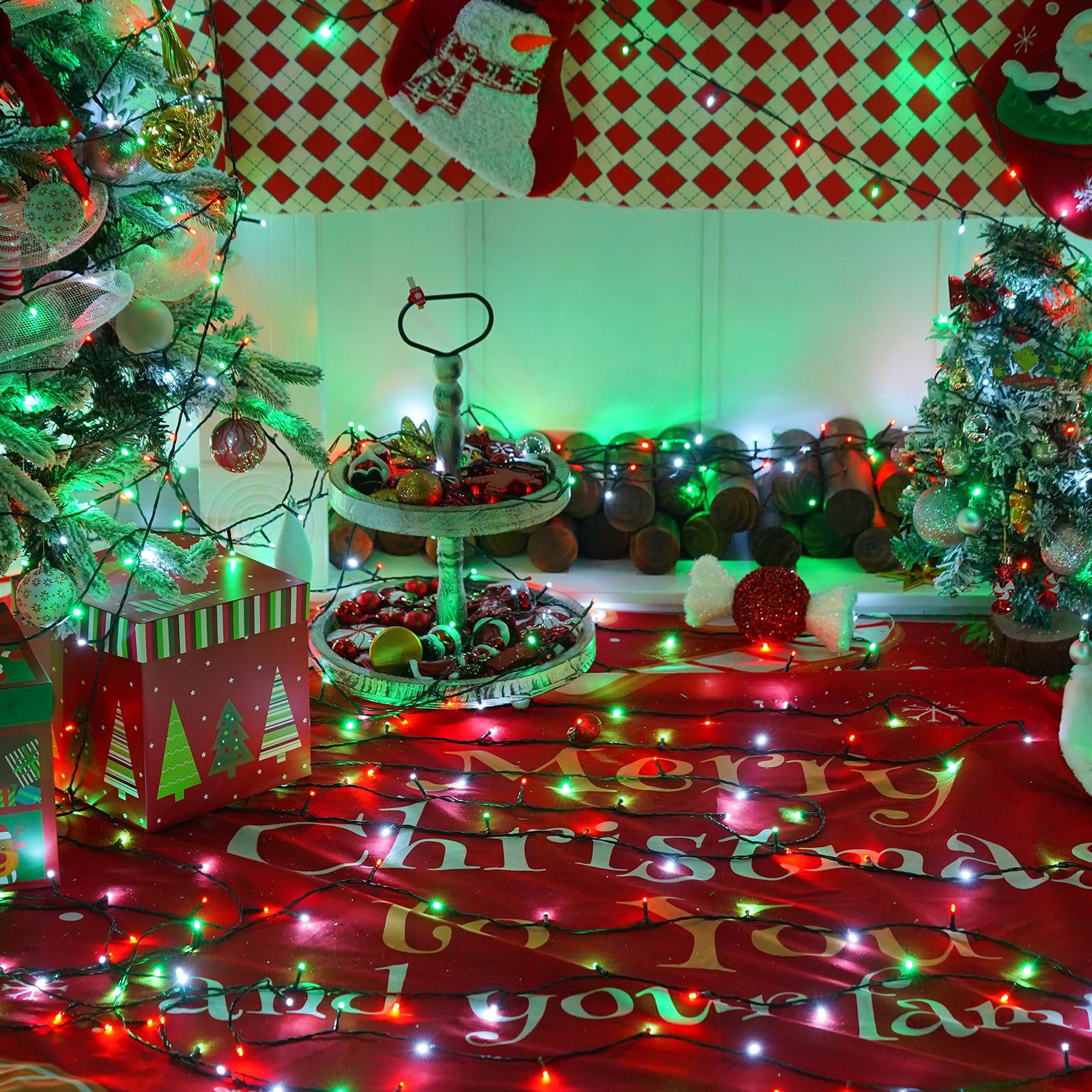 Yeguo 165Ft 500 Led Christmas Lights Outdoor Waterproof  8 Modes Red White And Green String Lights Plug In  Green Wire Twinkle Tree Lights Indoor With Timer Memory