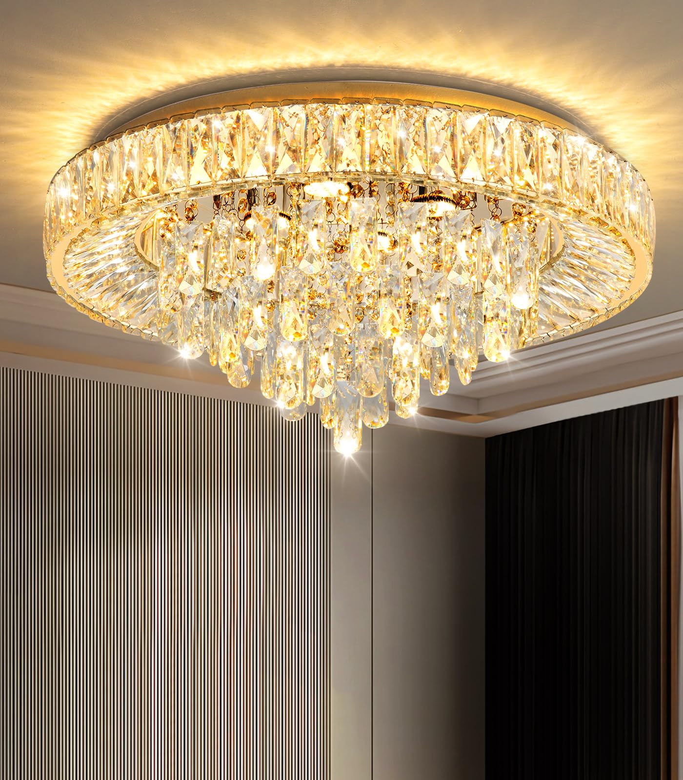 23.6'' Modern Crystal Chandeliers Led Dimmable Flush Mount Ceiling Chandeliers For Living Room Entrance Foyer Bedroom Gold