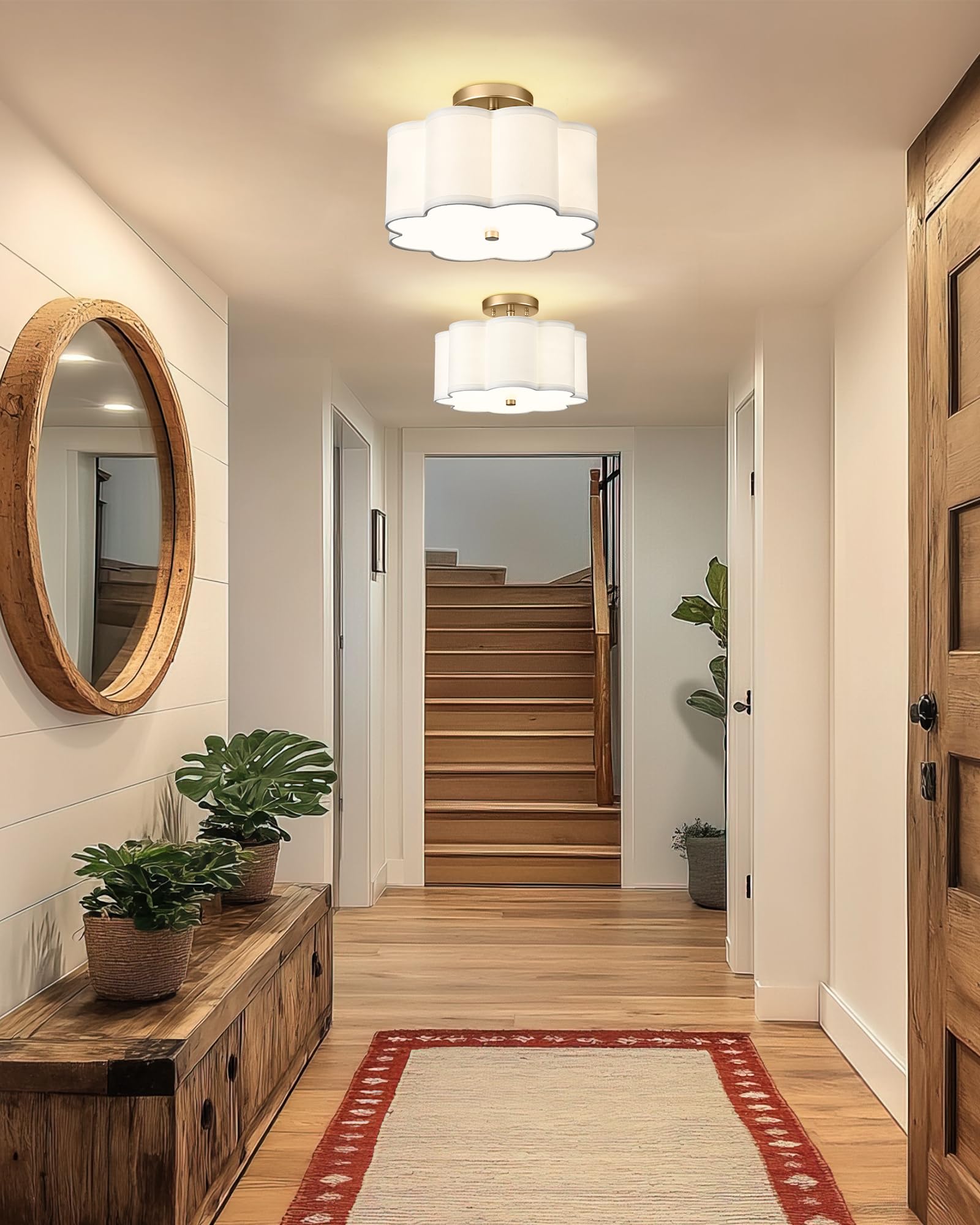 Audickic Rattan Light Fixtures Ceiling Mount, 4-Light 14'' Boho Semi Flush Mount Ceiling Light With White Hand-Woven Shade In Qu