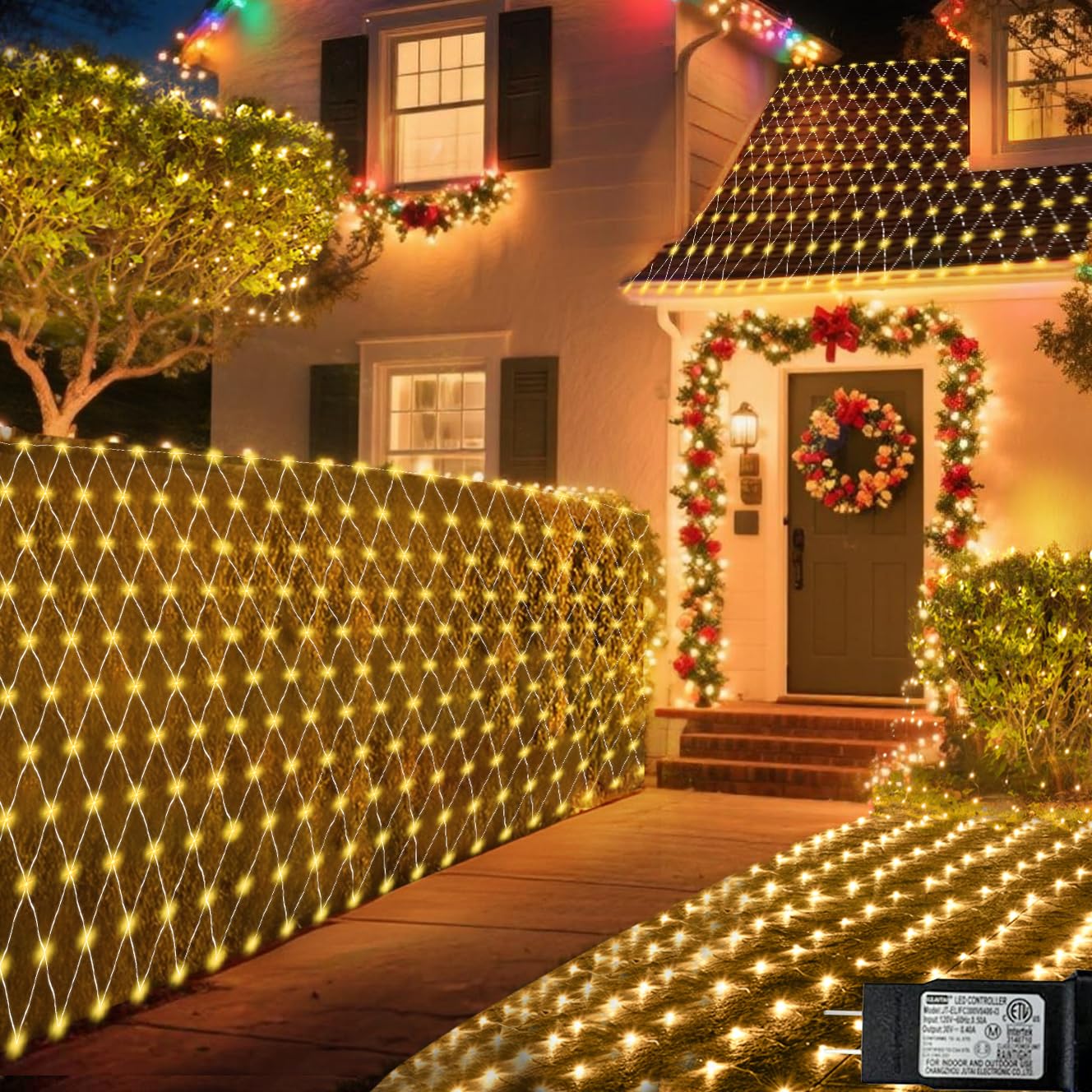Christmas Net Lights  610 LED Large Outdoor Net Mesh Lights 34.5X 5ft  8 Modes Waterproof Twinkle String Lights Connectable for Bushes Christmas Yard Decor  Warm White