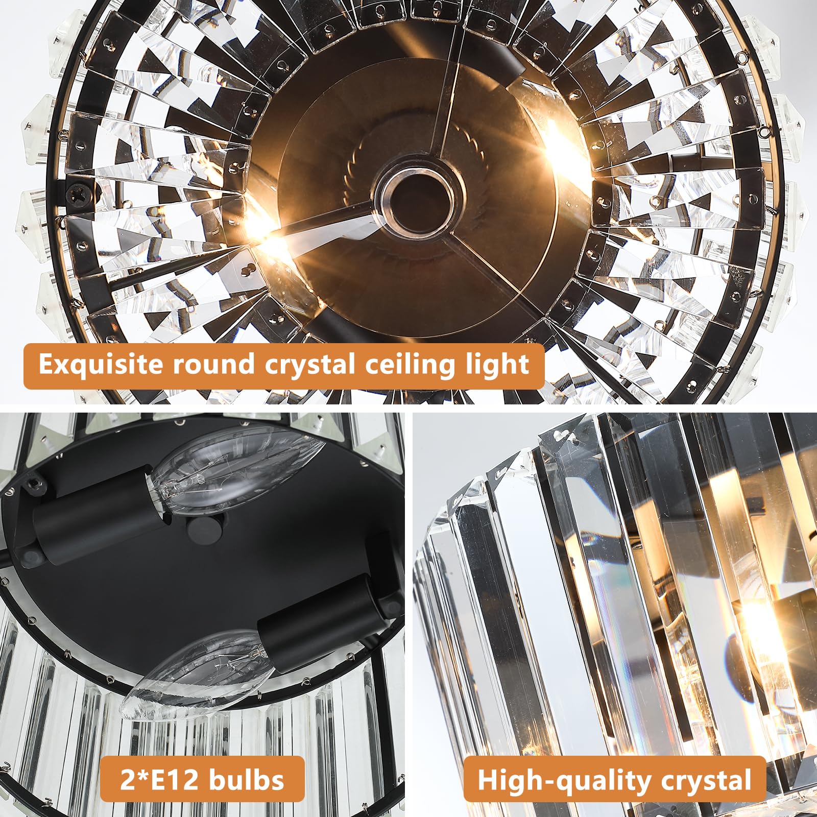 Pasentel Small Crystal Ceiling Light  Modern Semi Flush Mount Ceiling Lighting Fixture  Black Small Chandelier Light Fixture  Entryway Light Fixture For Kitchen Hallway Bathroom  2-Light  Xdd007-1-Bk