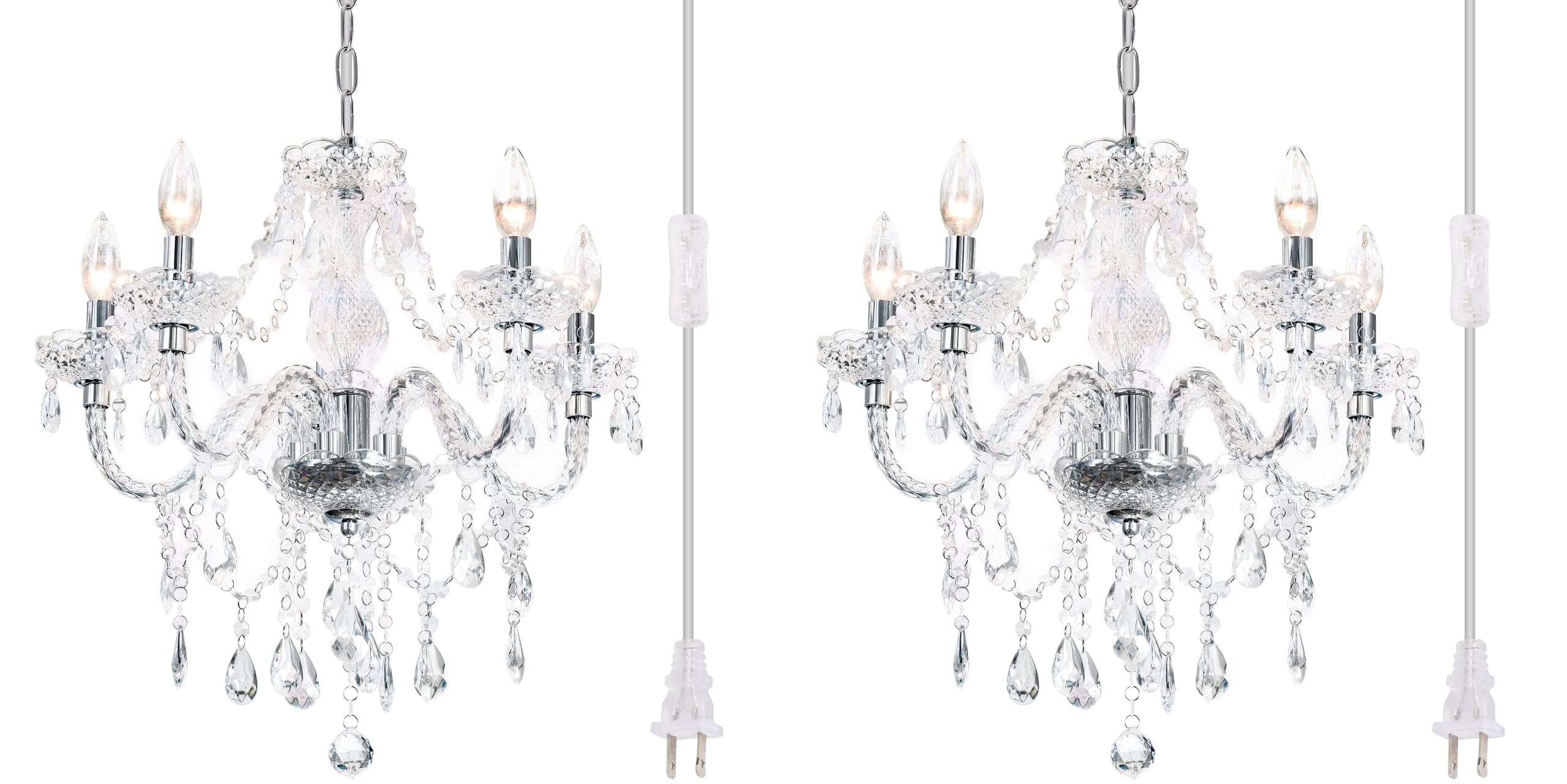 2PCS Plug-in 5 Light Crystal Hanging Pendant Lights Acrylic Chandelier with Clear Cord & On/Off Switch H19 D19.7 for Kitchen Isl