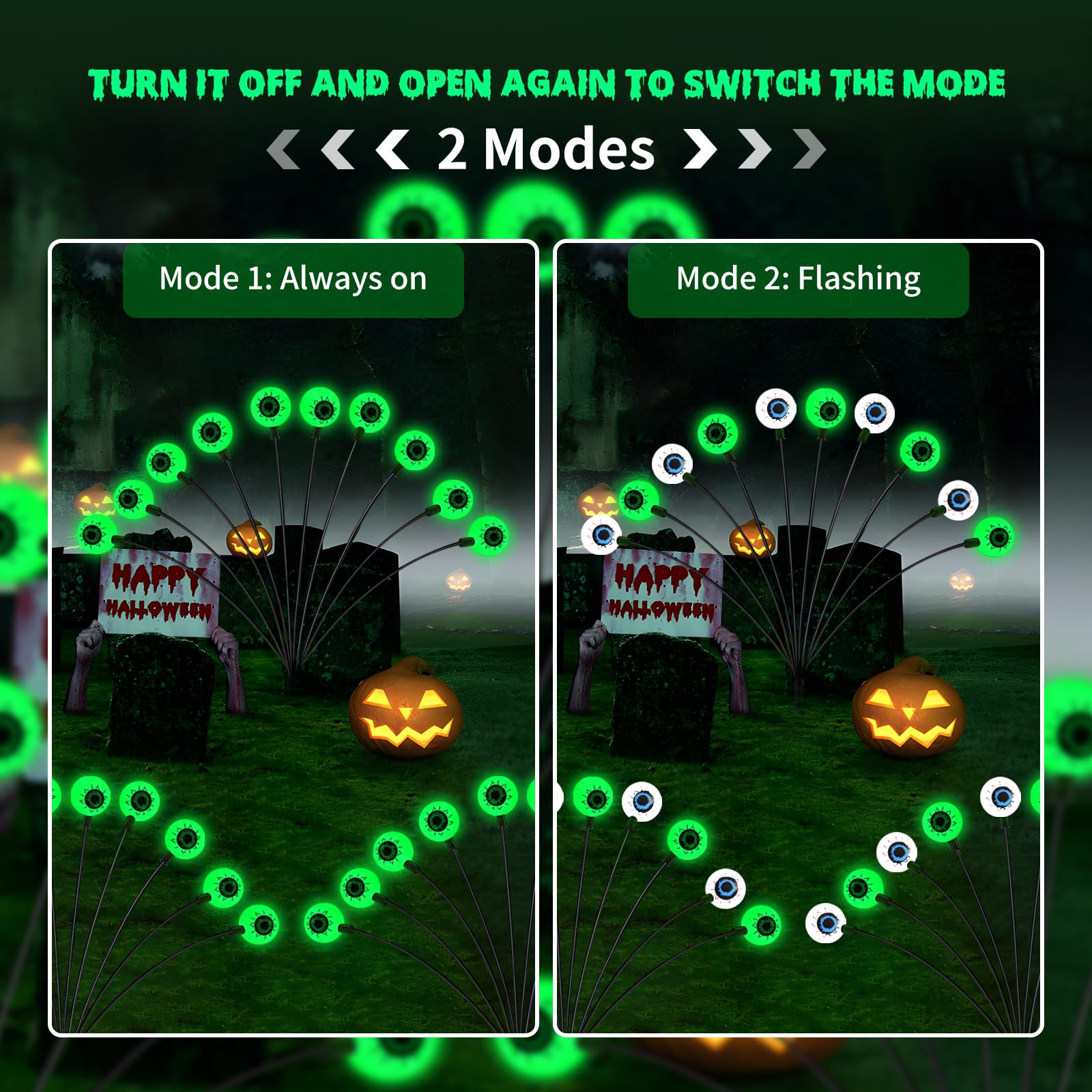 Halloween Eyeballs Solar Lights, 2 Pack 20 Led Green Outdoor Light With 2 Modes, Scary Swaying Firefly Decoration Lights - Waterproof Solar Halloween Path Lights For Yard/Garden/Lawn/Party Decor