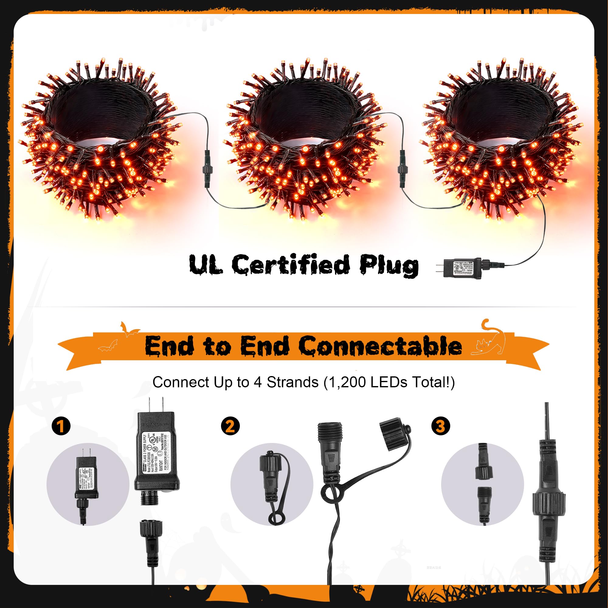 WBao 300LED Orange Halloween String Lights, 108ft, Waterproof, 8 Modes, UL Certified, Copper Material
