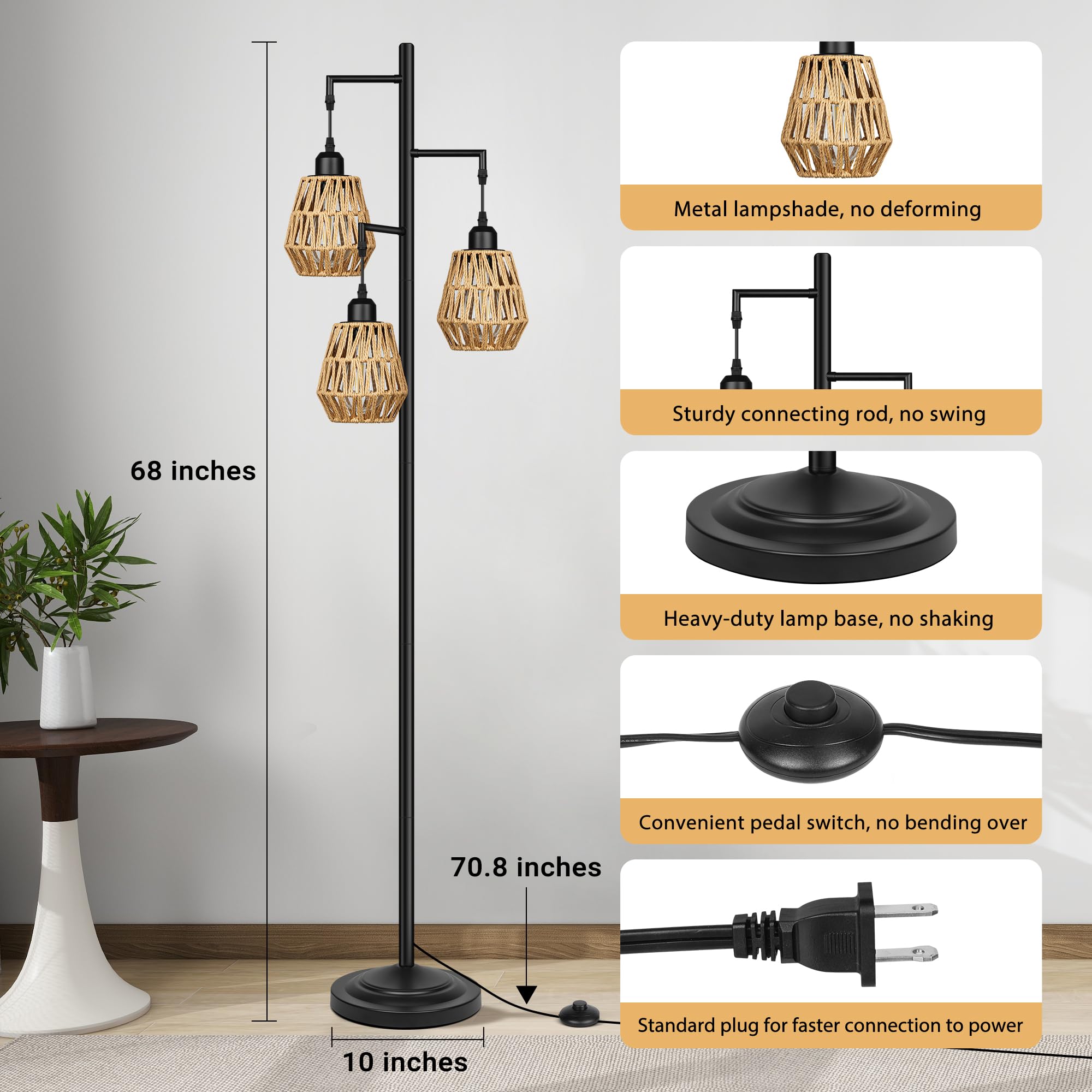 QiMH Industrial Floor Lamp - 68" Modern Rustic Standing Lamp with 3-Lights Rattan Shades, Black Metal - STR-FL-0095 for Living Room & Office