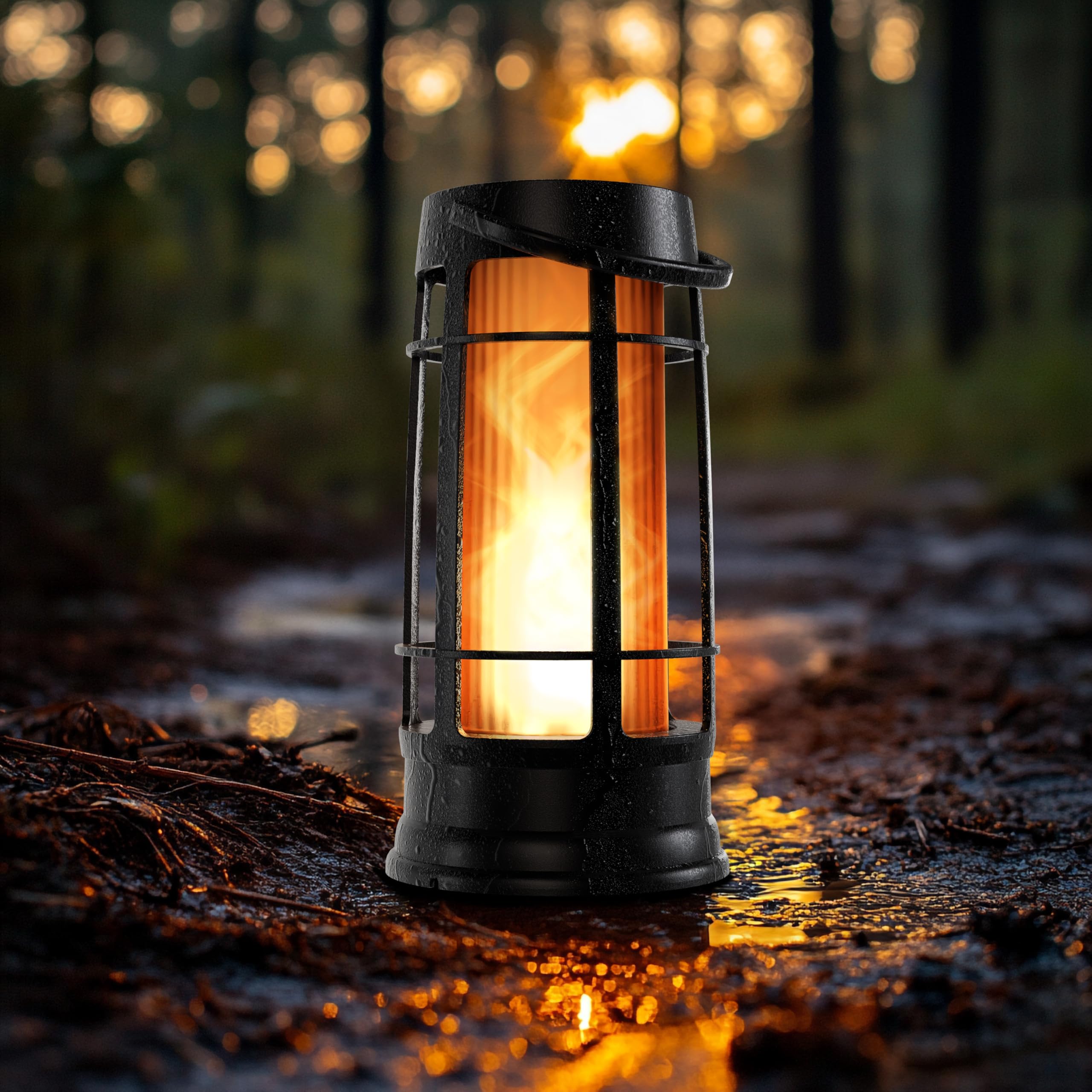 FOXFLAME Metal Outdoor Solar Lantern, Waterproof Flickering LED, 1 Pack, Matte Black, Model FFMDL1