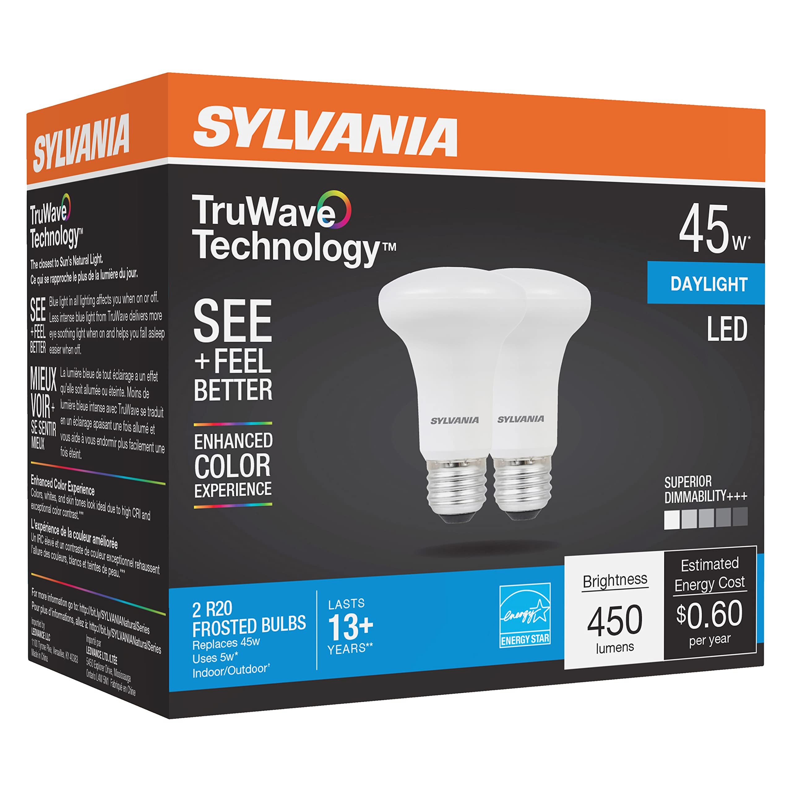 Sylvania Led Truwave Natural Series R20 Light Bulb, 50W Equivalent Efficient 5W, Medium Base, Dimmable, Frosted, 5000K, Daylight