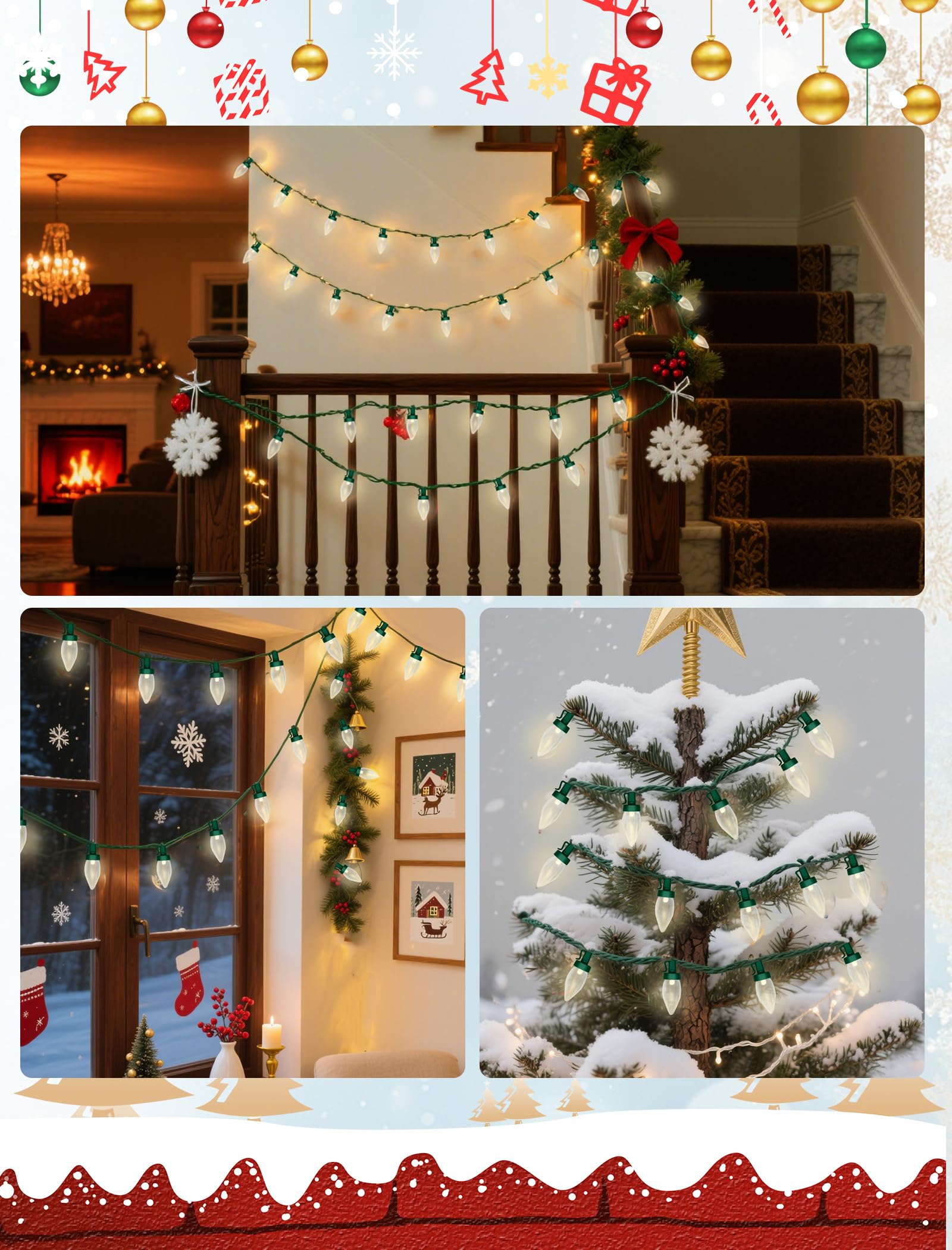 C7 Led Christmas Lights Outdoor  26Ft Outdoor String Lights Plug In With 50 C7 Warm White Bulbs  Vintage Christmas Lights Waterproof For Indoor Holiday Patio Roofline Xmas Tree Party Decorations