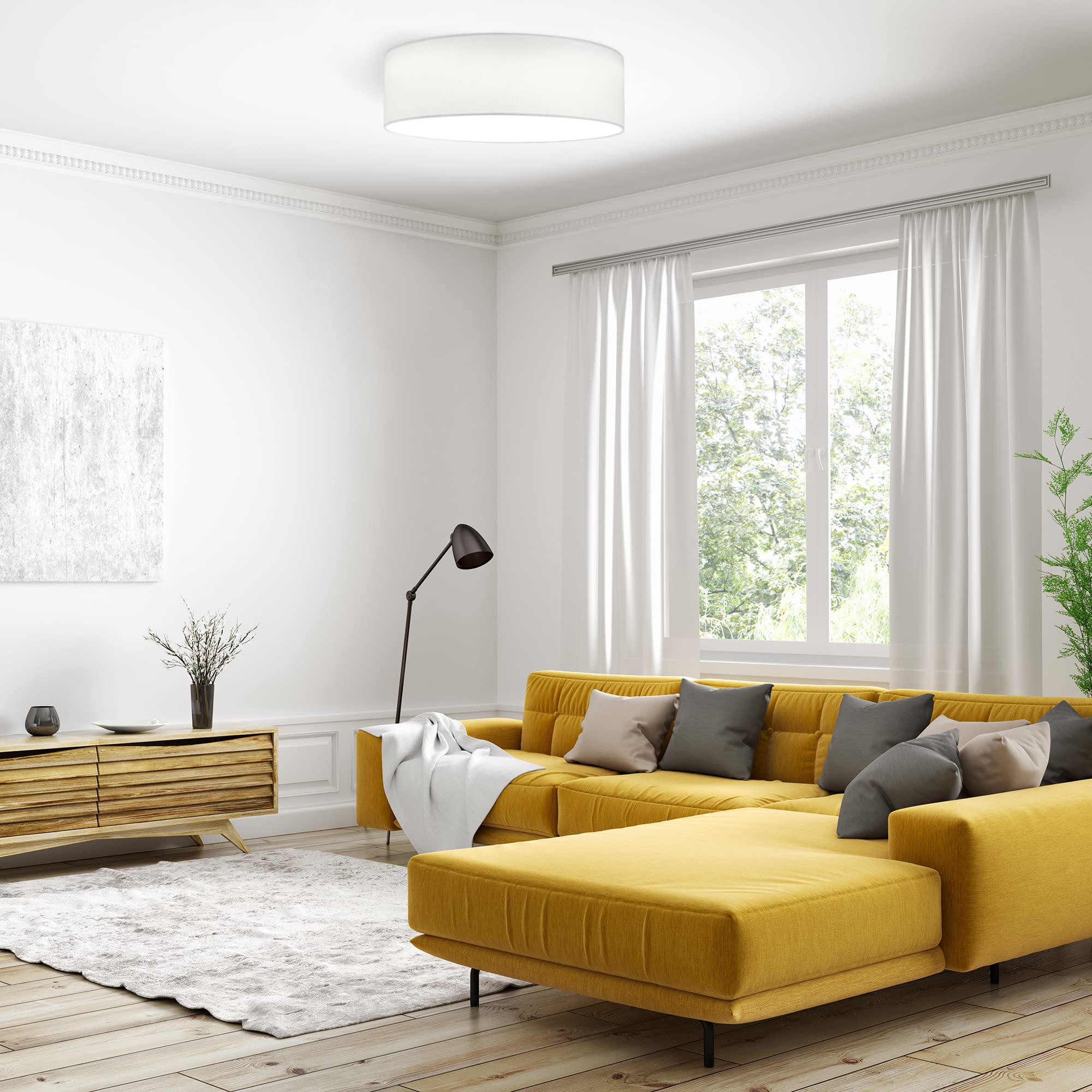 Navaris Flush Mount Ceiling Light, 15.75in Drum LED Lamp, Remote Control, White, Model 52523.02