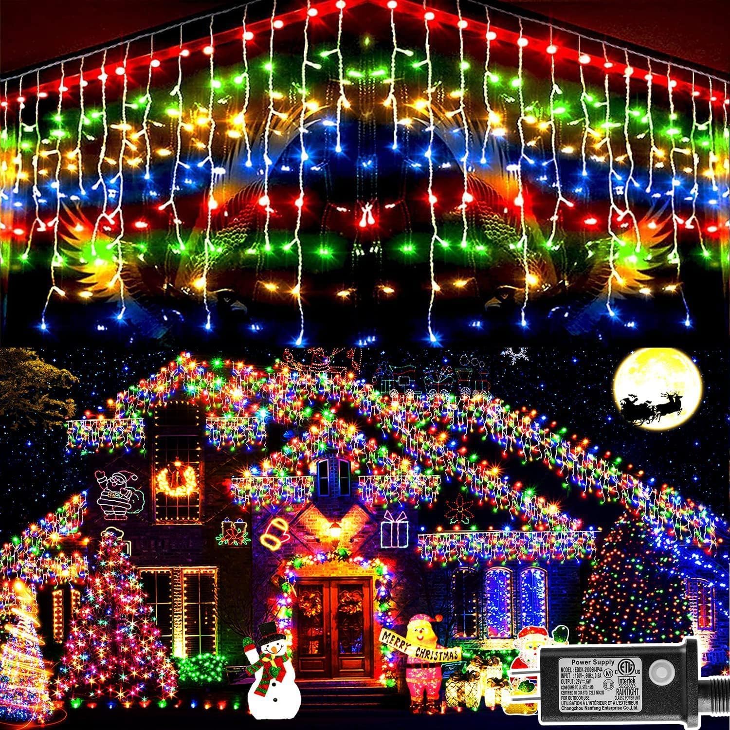 KNONEW 99ft 960 LED Christmas Lights Outdoor Decorations with 180 Drops  8 Modes Curtain Fairy Light  Clear Wire LED String Light Indoor Decor for Wedding Party Christmas(Multicolor)