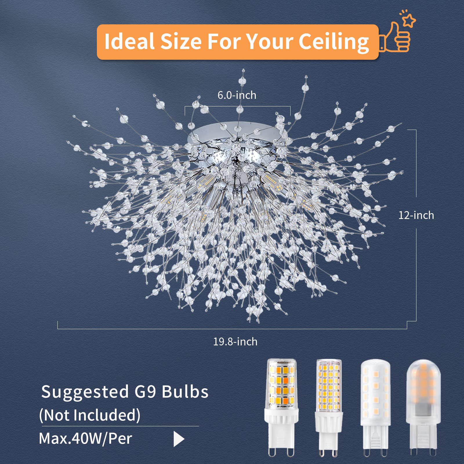 Chrome Firework Flush Mount Ceiling Light Fixture, Modern Crystal Sputnik Firework Ceiling Lights, 6-Light Close To Ceiling Lighting Fixtures For Bedroom Kitchen Hallway Entryway