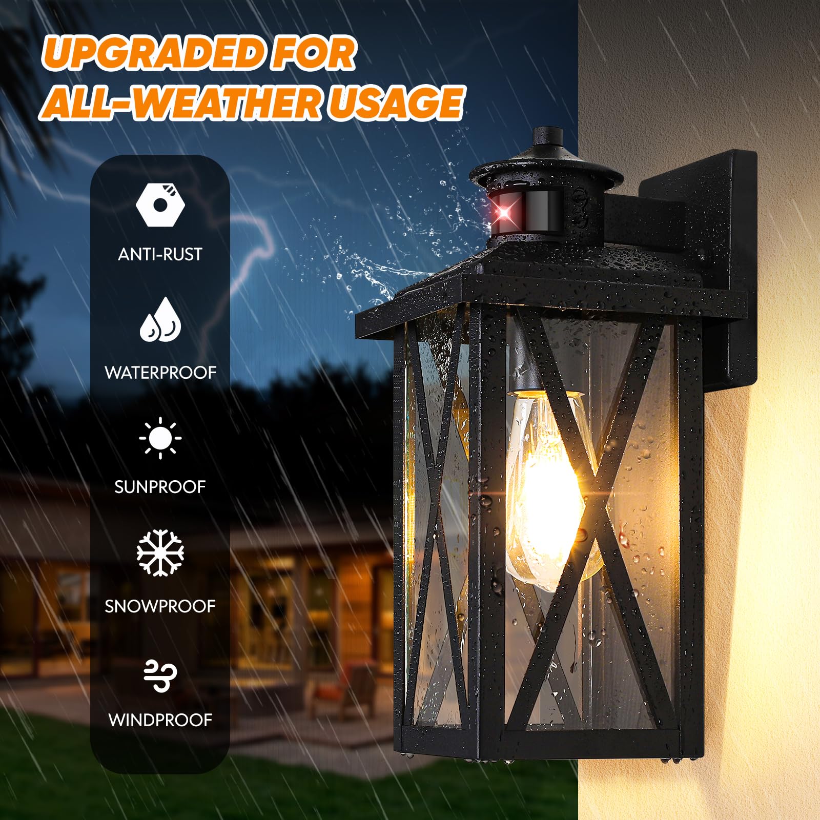 2-Pack Motion Sensor Outdoor Wall Lights, Upgraded Dusk To Dawn Outdoor Lighting Waterproof, Black Modern Outside Wall Mount Lig