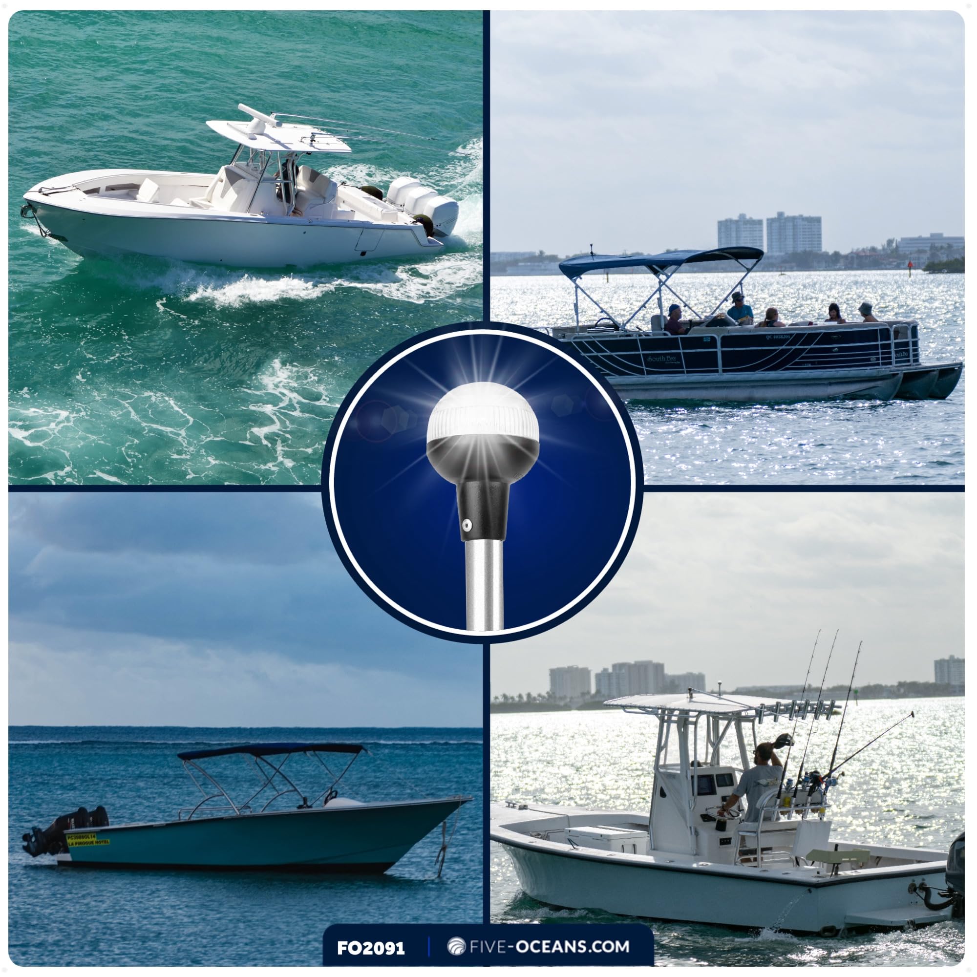 Five Oceans 9-Inch Stern Light - Stainless Steel Pole, 2NM Visibility, For Pontoon, Sport & Fishing Boats