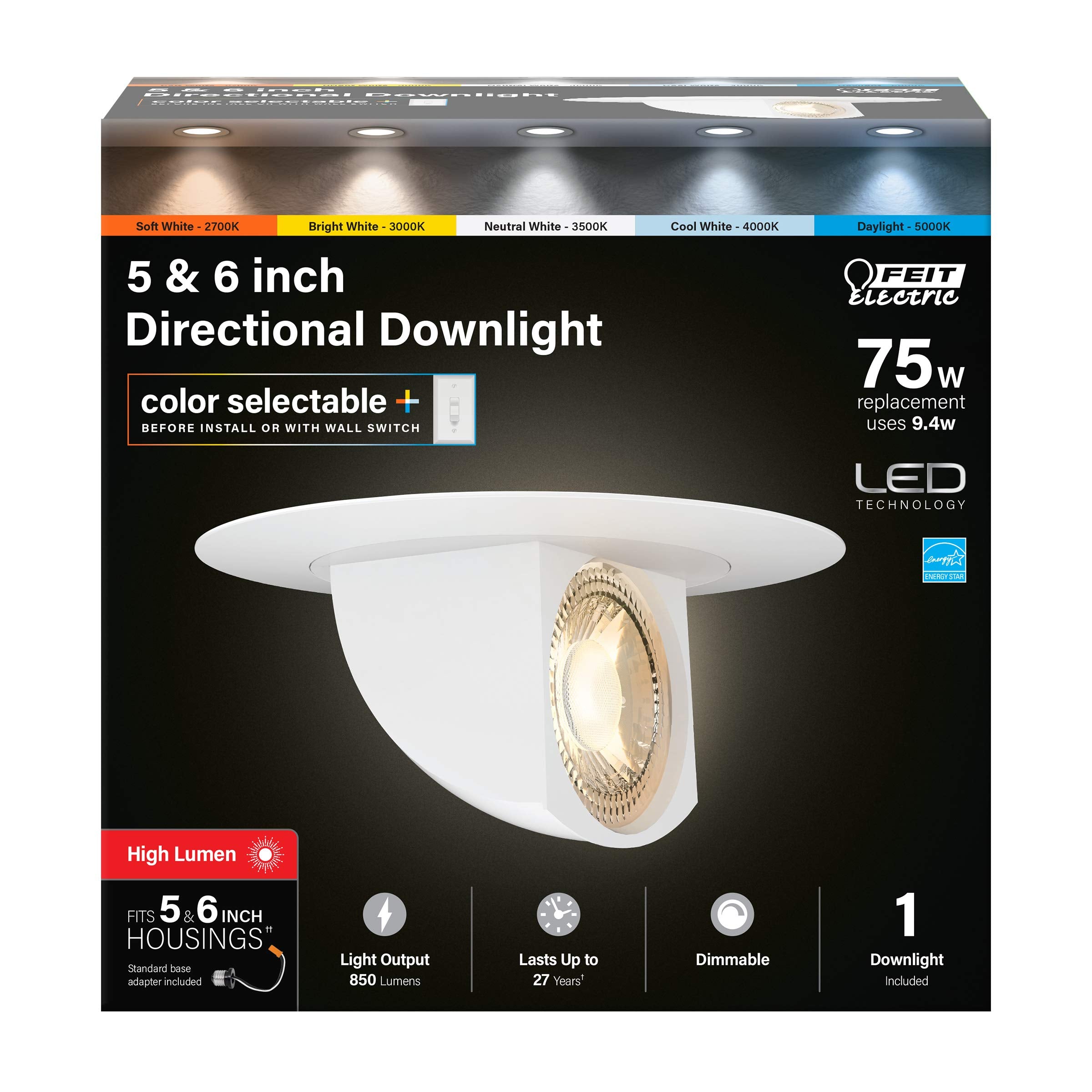 Feit Electric 5/6 Inch LED Directional Recessed Downlight, 9.4W (75W Equivalent), 850 Lumens, 5CCT Selectable, Dimmable, Retrofi