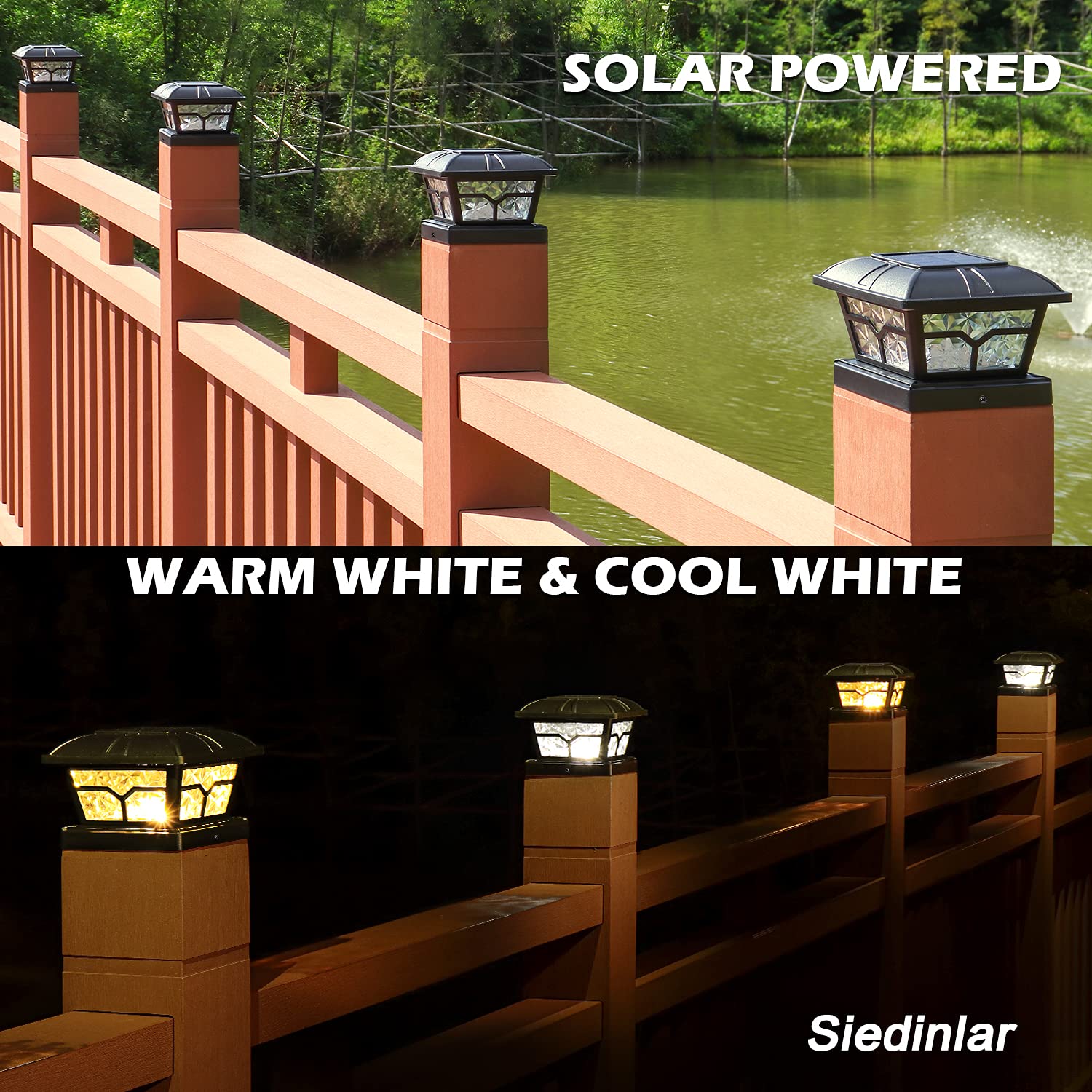 SIEDiNLAR Solar Post Cap Lights, 8 LEDs, 2 Color Modes, Black, 6 Pack, Fits 4x4 5x5 6x6 Posts, Durable