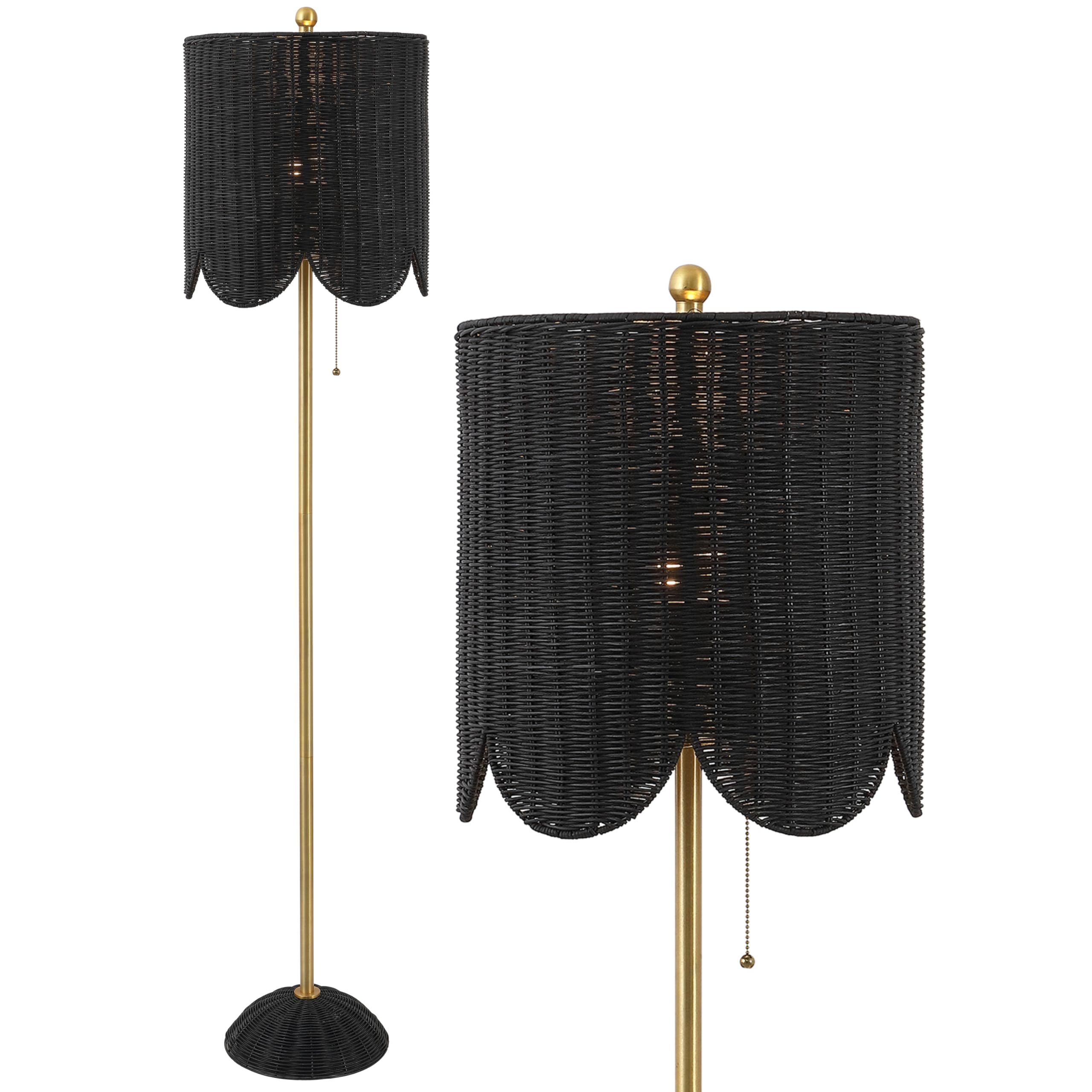 JONATHAN Y 63.5 Black/Brass Gold LED Floor Lamp for Living Room Bedroom with Scalloped Rattan Shade, Coastal Bohemian Tall Stand