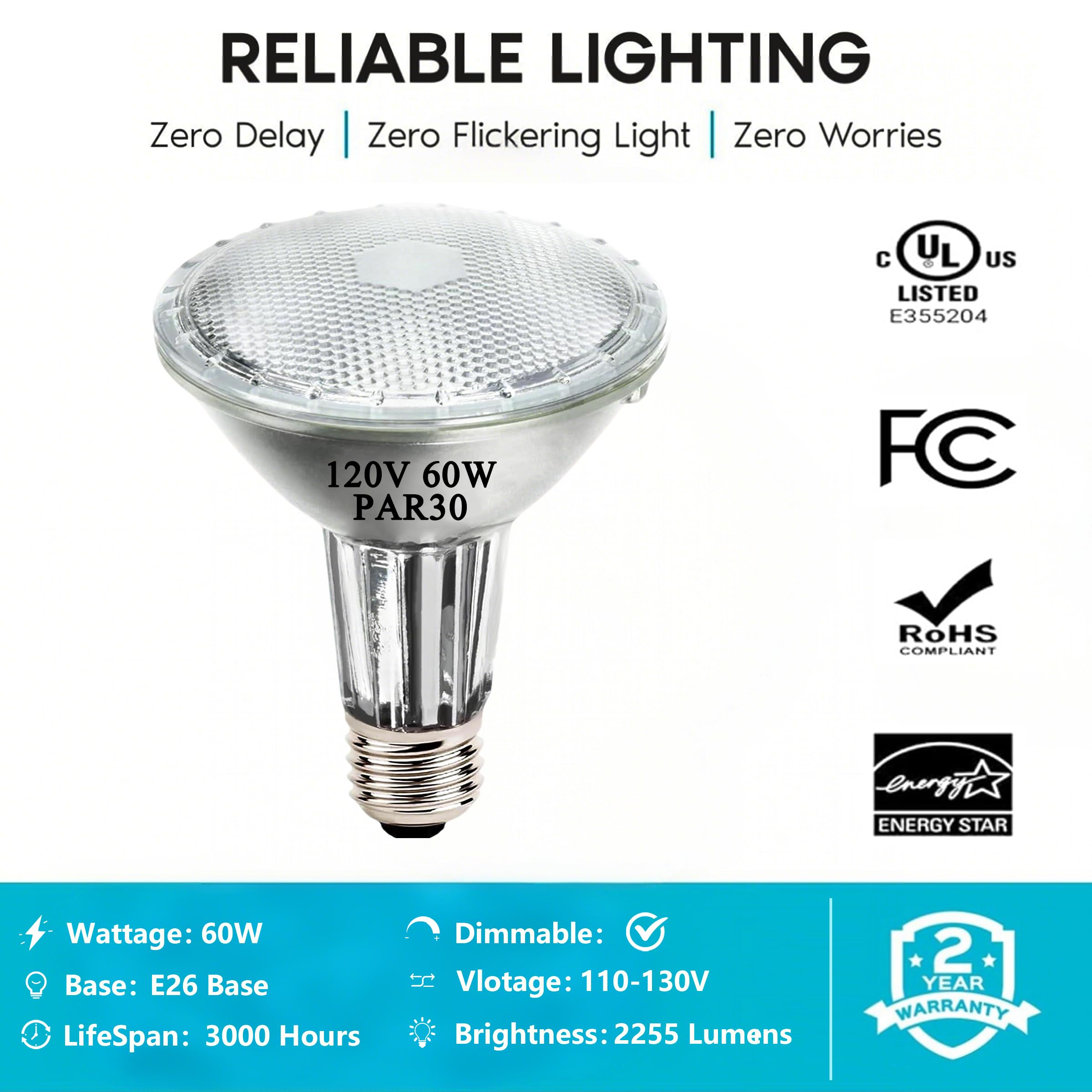MISDOOD PAR30 Halogen Flood Light Bulbs, 60W Dimmable, E26 Base, 2700K Warm White, 3000 Hours, 6 Pack