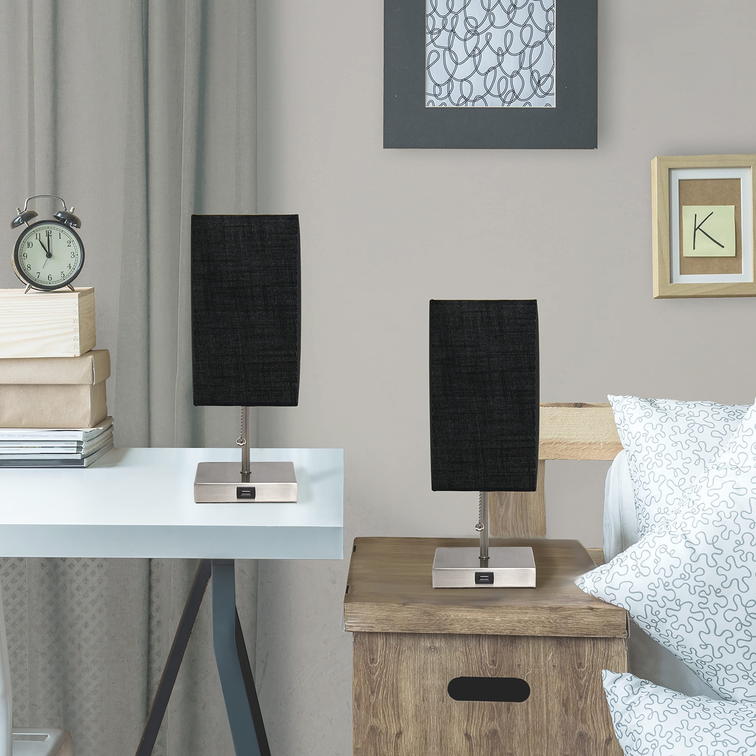 Simple Designs Lc2003-Blk-2Pk Small 2 Pack Usb Charging Bedside Lamp Set, Brushed Steel/Black