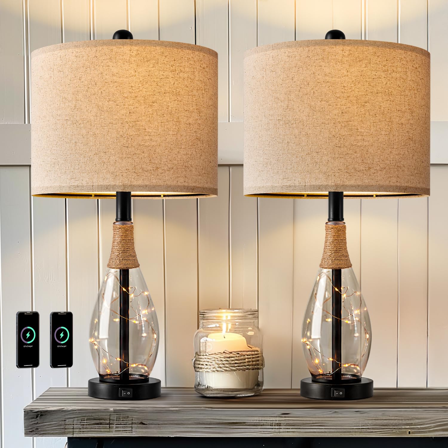 OYEARS 23" Black Rattan Table Lamps Set of 2 for Living Room, USB Night Lights, Model AMZ-T1140BK-U0
