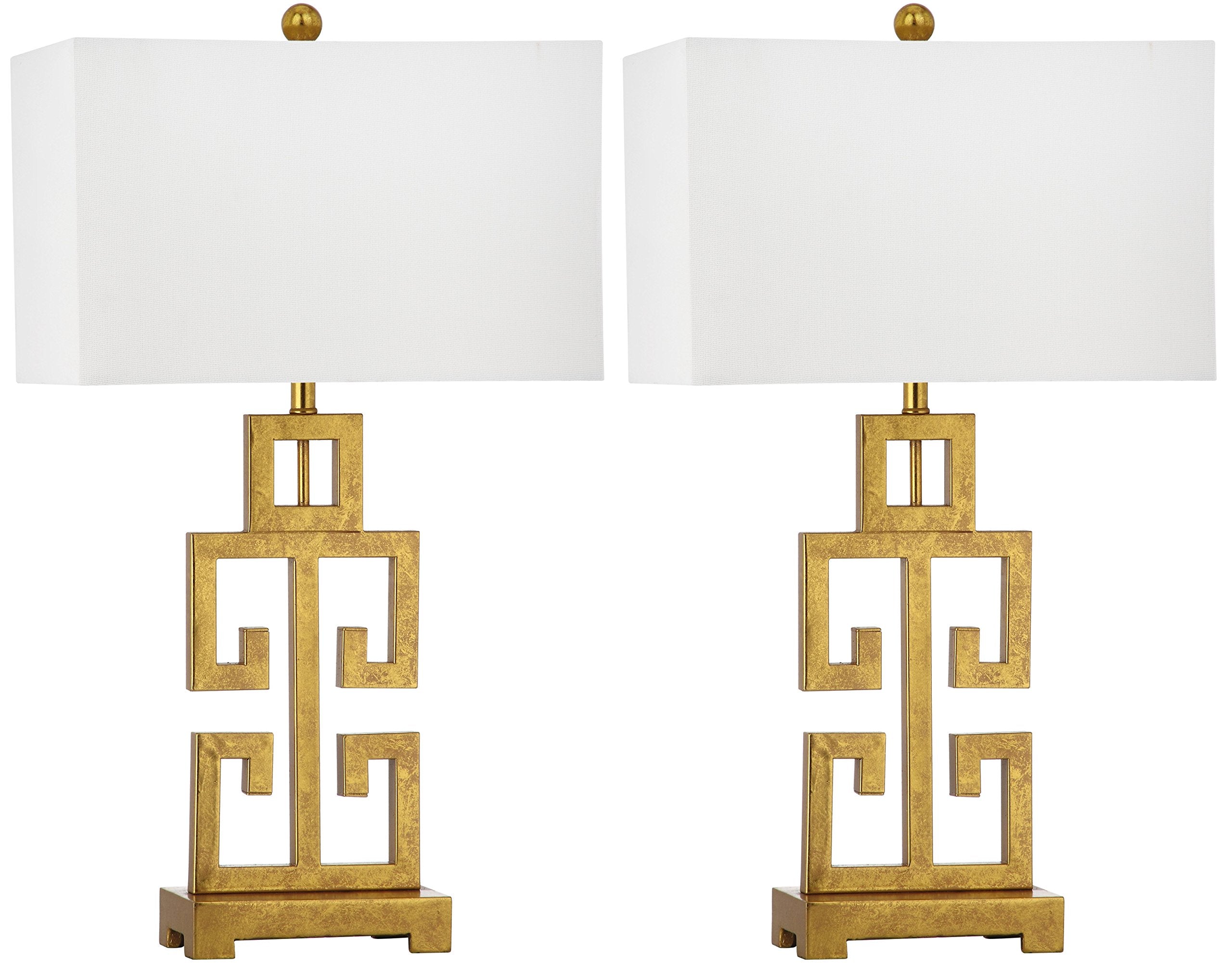 SAFAVIEH Lighting Collection Greek Key Farmhouse Glam Antique Gold 29-inch Bedroom Living Room Home Office Desk Nightstand Table Lamp Set of 2 (LED Bulbs Included)