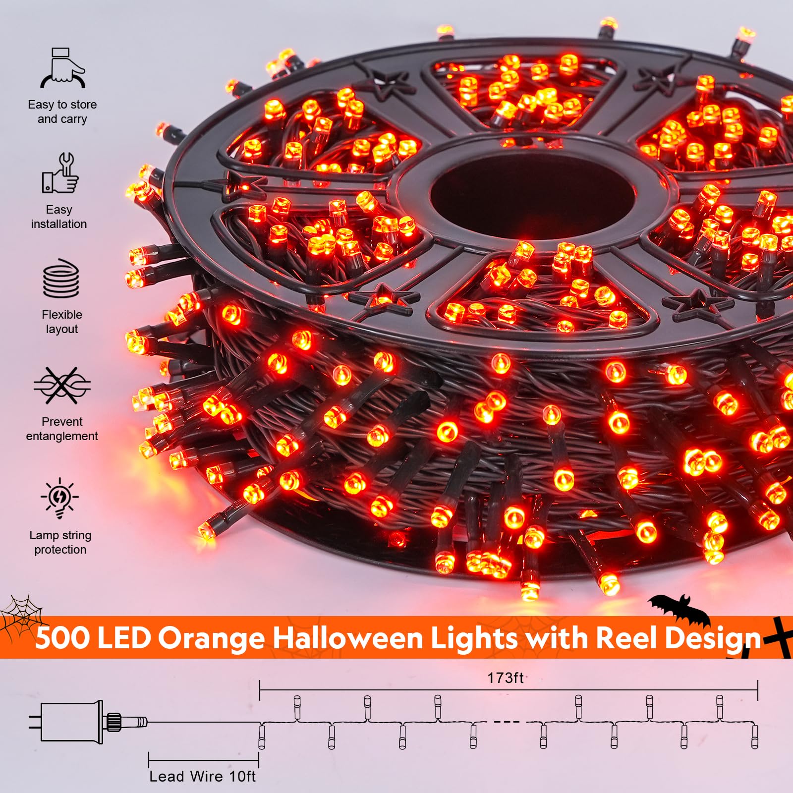 JMEXSUSS 500 LED Orange String Lights, 173ft Waterproof Halloween Lights, 8 Modes, Model EXS-S-0500, With Reel