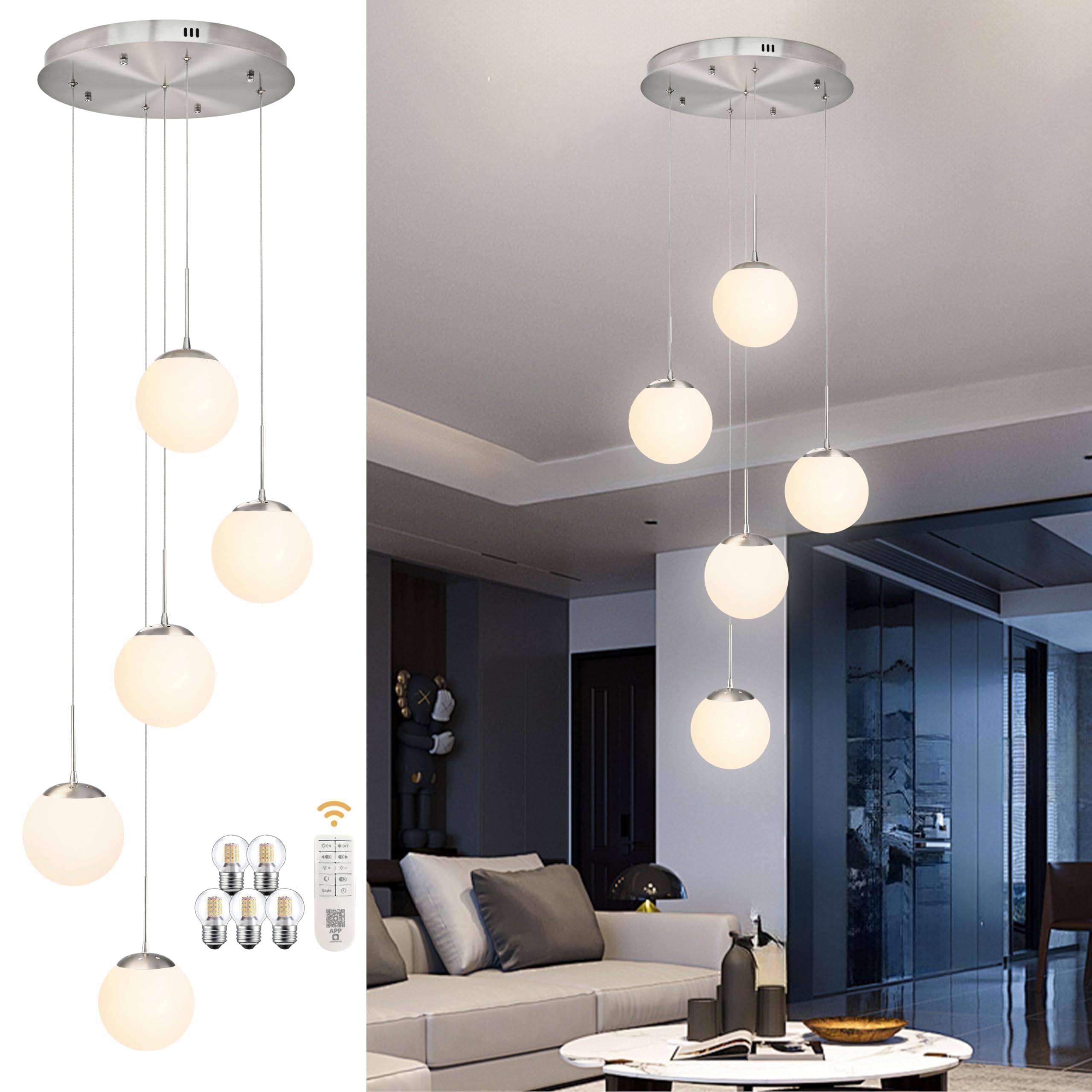Koko&Yukina 5-Light Globe Glass Pendant Light Adjustable Length Pendant Lights Fixtures Modern Nickel Chandelier With Milky Whit
