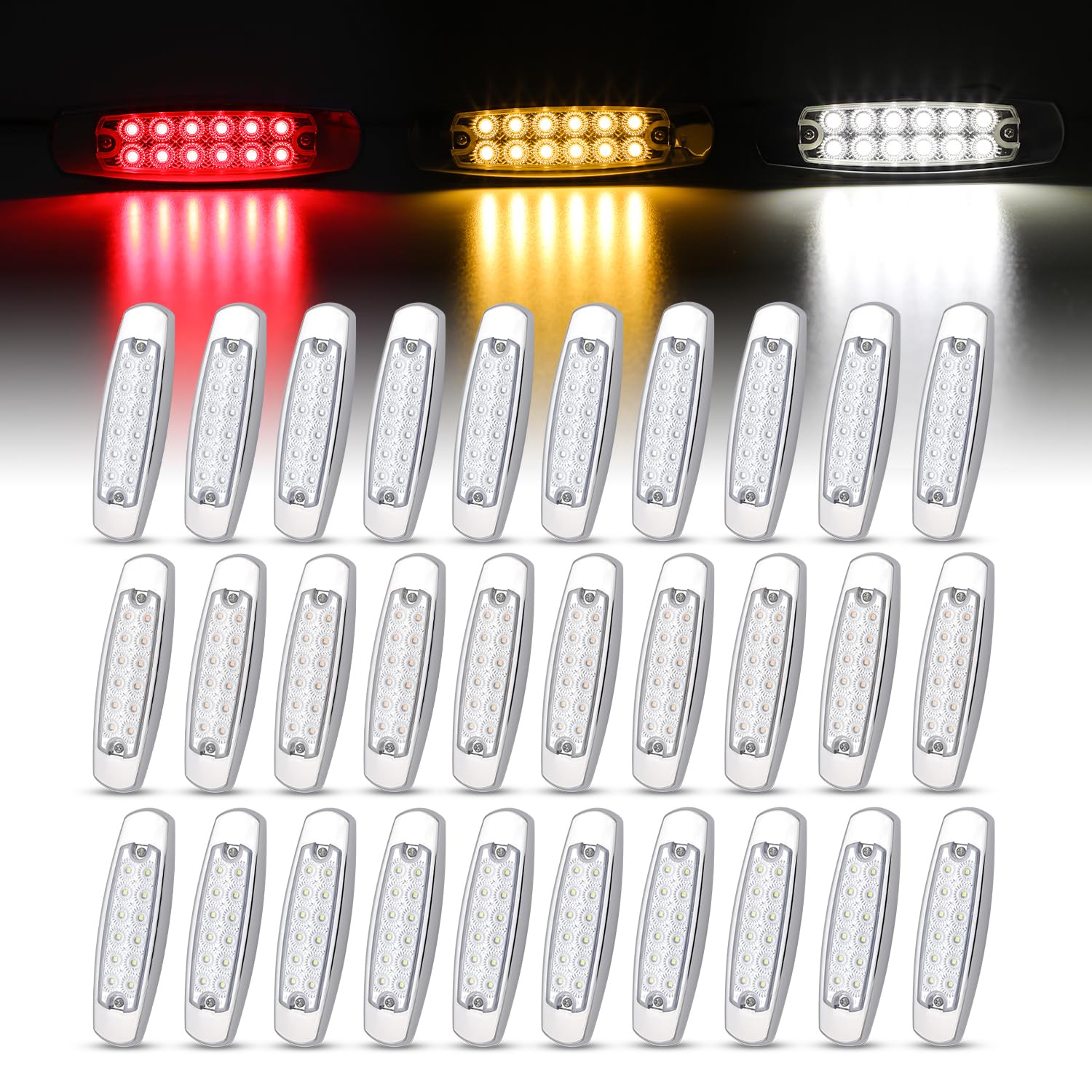 Ledvillage 30 Pcs 12V Dc 6.4 Inch Clear Lens 10 Amber + 10 Red + 10 White 12 Led Clearance Lamps W/Chrome Sealed Flush Mount Sid
