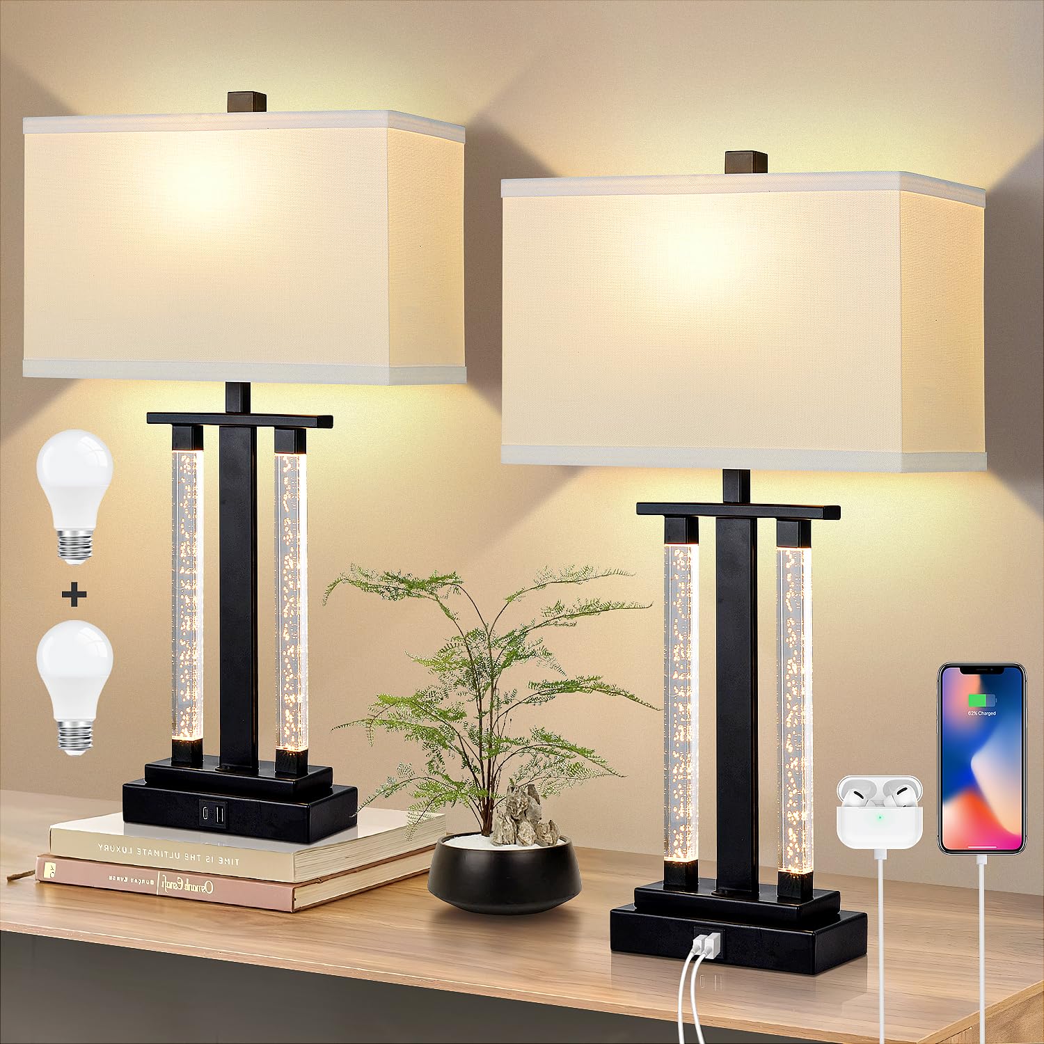 Lovlast Modern Table Lamps Set of 2, 3-Way Lighting Modes Bedside Lamp for Bedroom Nightstand with USB Charging Port & Type C, 2