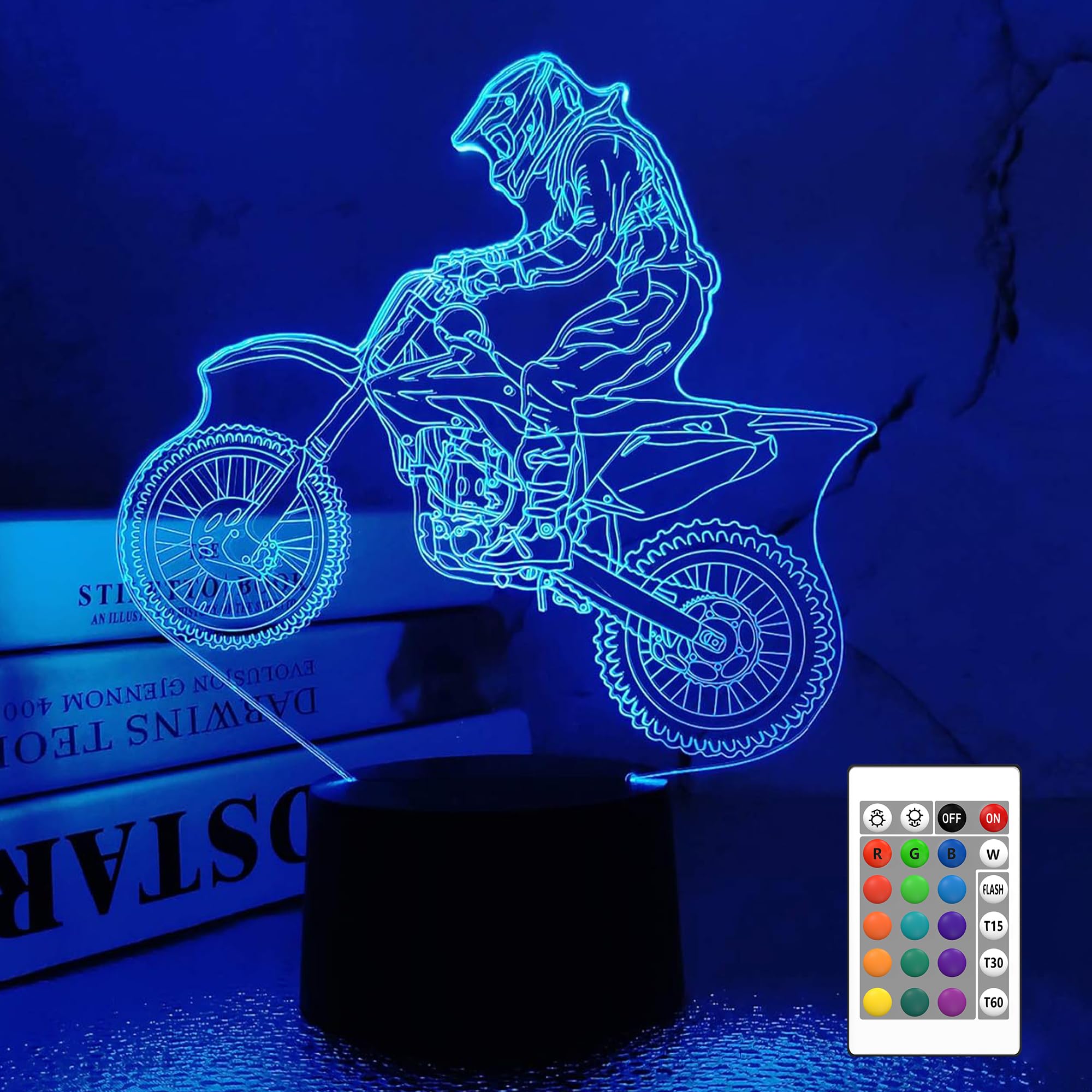 FULLOSUN 3D Night Light for Kids - Motocross Design, Remote Control, 16 Colors, Dim Function, Model FS-2810-9999, Blue-Motorcross