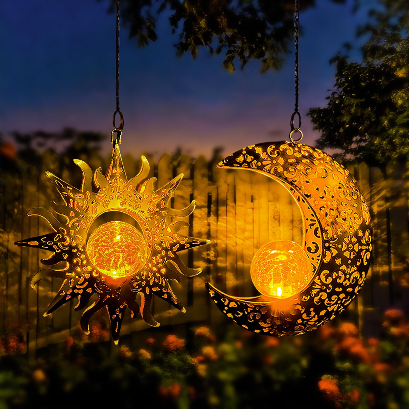 Qcf Solar Hanging Sun And Moon Lights Garden Outside Decor 2 Pack Metal Lanterns Outdoor Sunflower Art Decorations For Porch Backyard Patio Wall Tree Unique Gardening Gifts For Women Mom Grandma