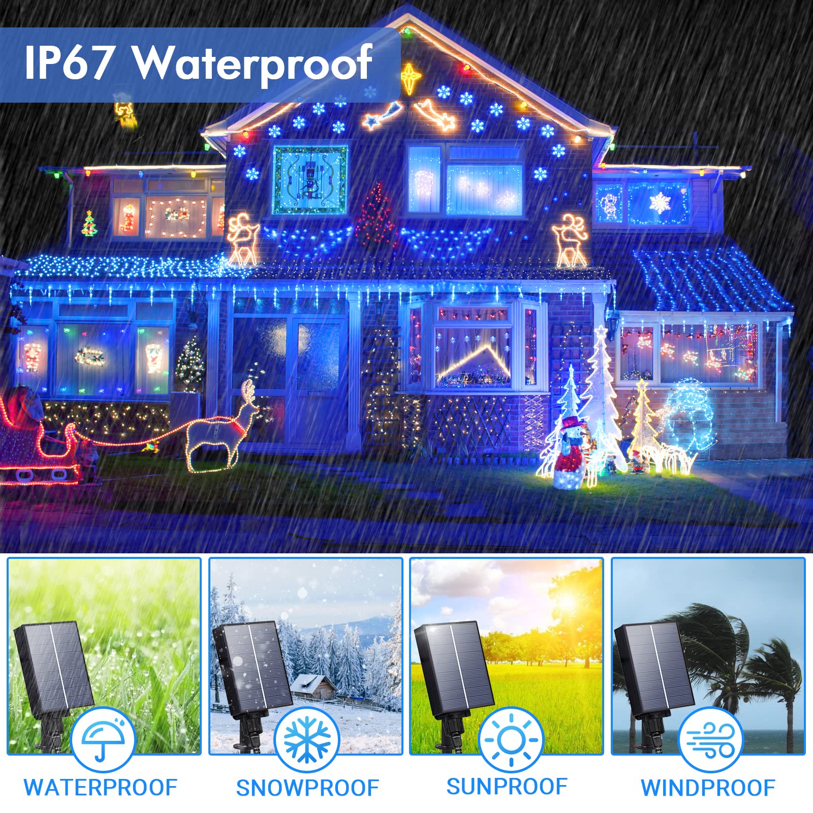 Icrgb Solar Rope Lights, 66Ft 200 Led Outdoor String Lights, Blue Fairy Lights With Remote, 8 Modes, Timing Function, Ip67 Water
