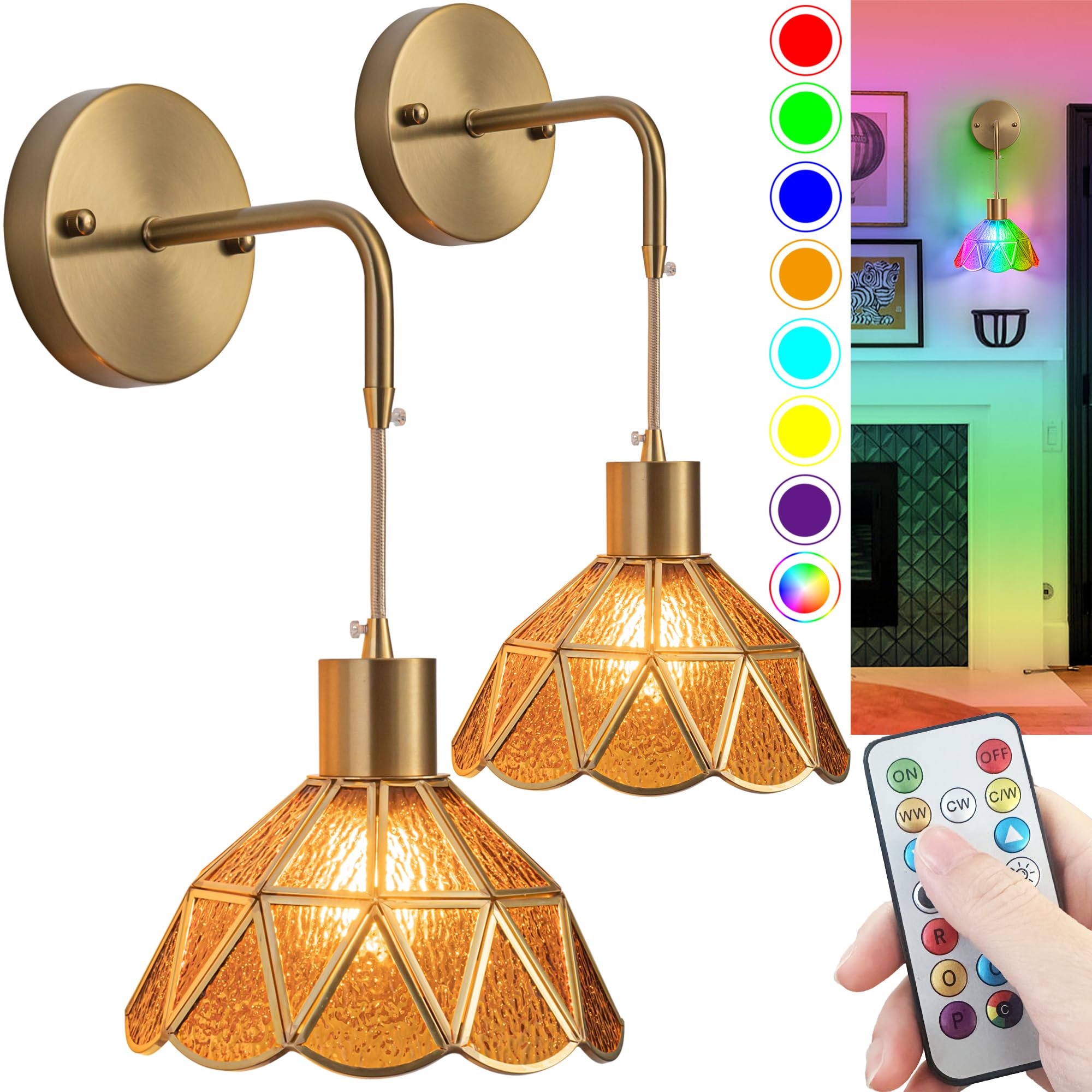 Slywise Battery Operated Wall Sconce Set, Rgb Color Changing & Dimmable With Remote, Amber Brown