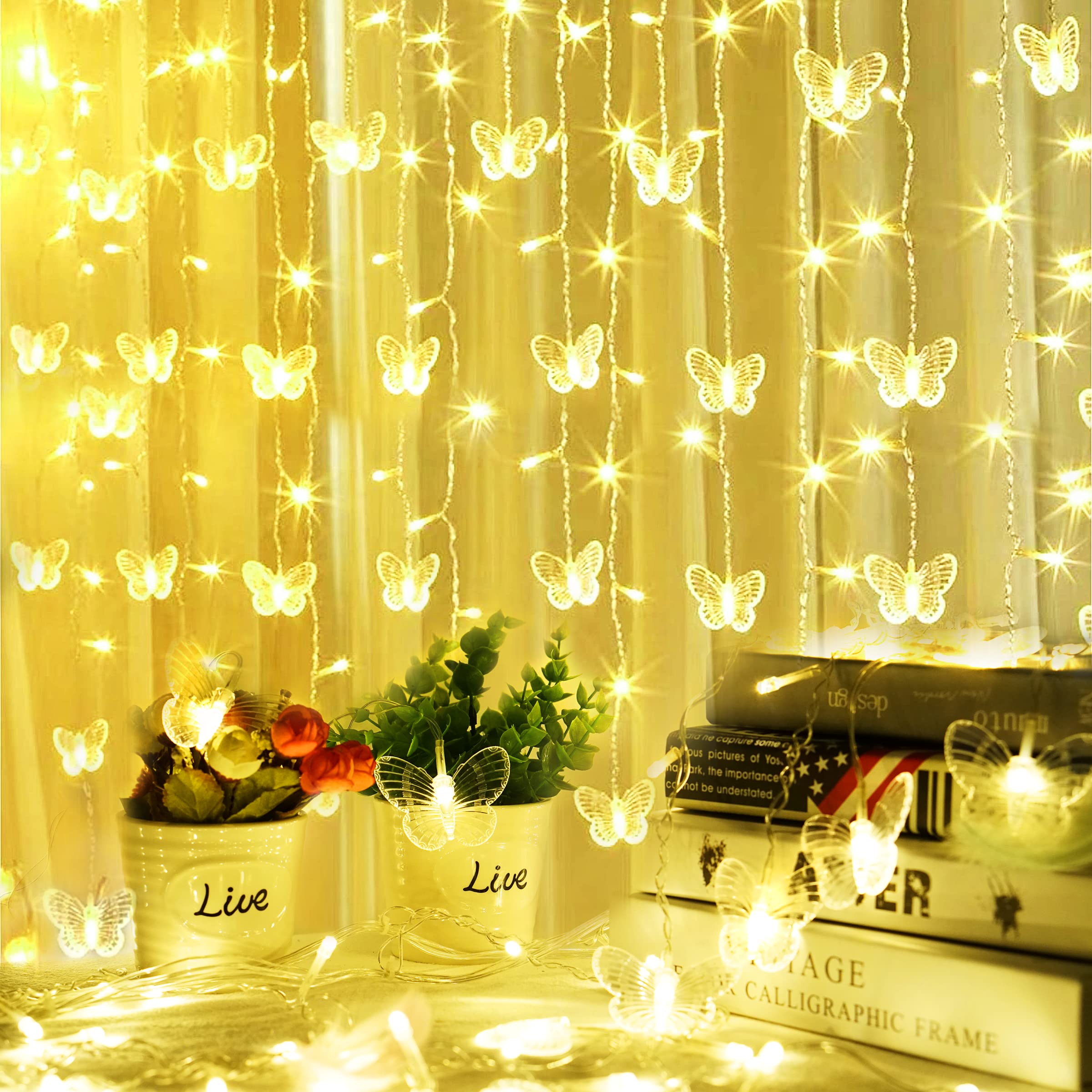 Butterfly Curtain Fairy Lights USB Plug in 8 Modes 120 LED 14.7FT Firefly Twinkle Timer String Lights with Remote  Waterproof Copper Wire for Bedroom Patio Christmas Wedding Party(Warm White)