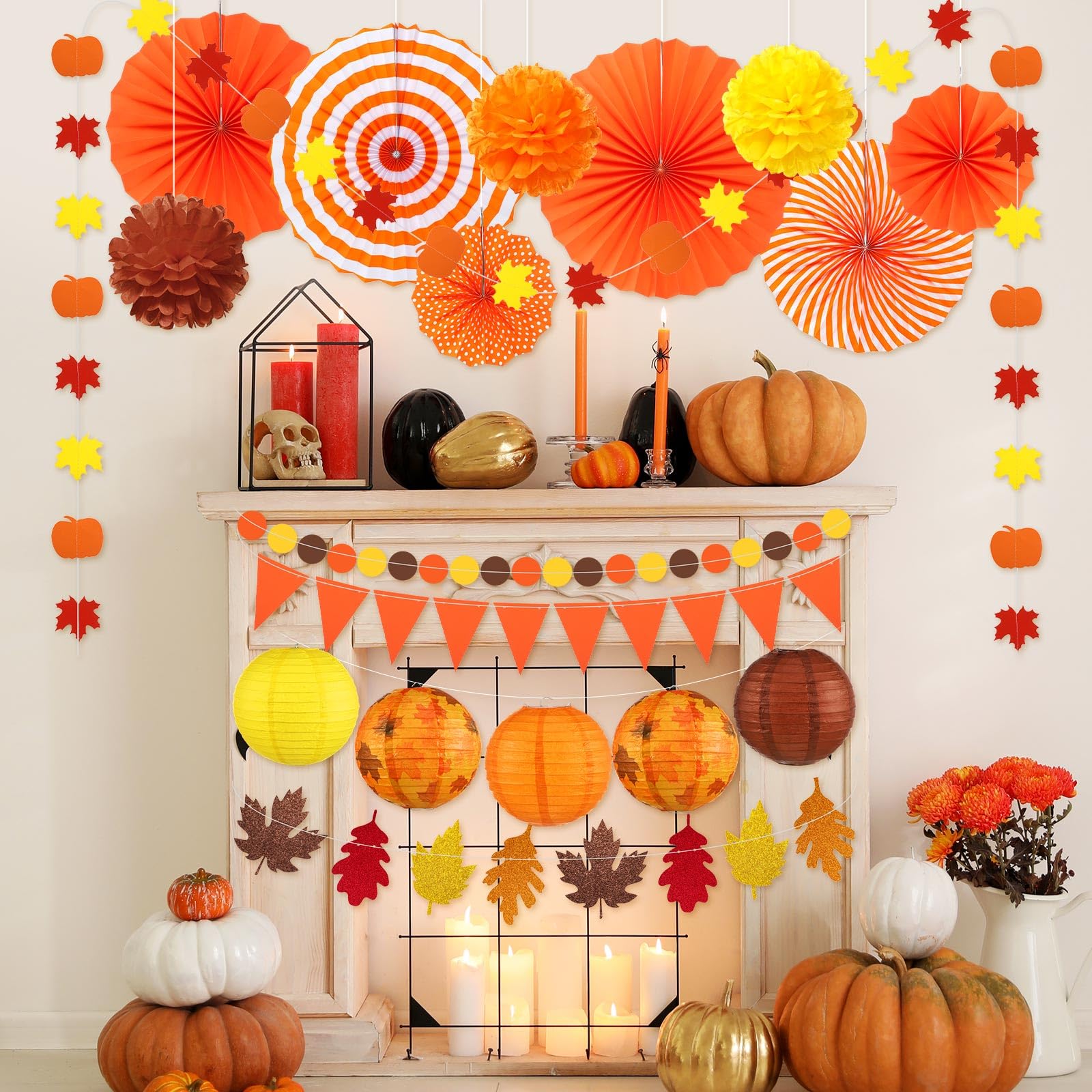 Yexiya 18 Pcs Thanksgiving Fall Party Decoration Includes Fall Paper Lanterns Autumn Paper Fans Pompoms Maple Leaf Garlands Flower Balls Hanging Ceiling Decorations For Thanksgiving Harvest Wedding